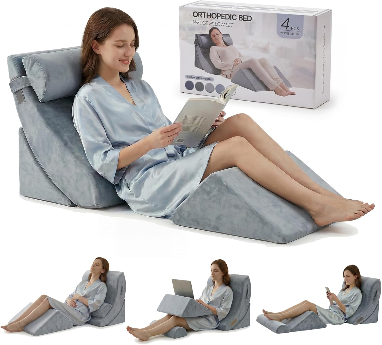 Axelrod Bed Wedge Pillow Set, Foam for Back, Neck and Leg Pain Relief Comfortable & Adjustable Ortho Pillows- Anti Snoring, Heartburn, Acid Reflux & GERD Sleeping (Navy, 21.8'' Wide)