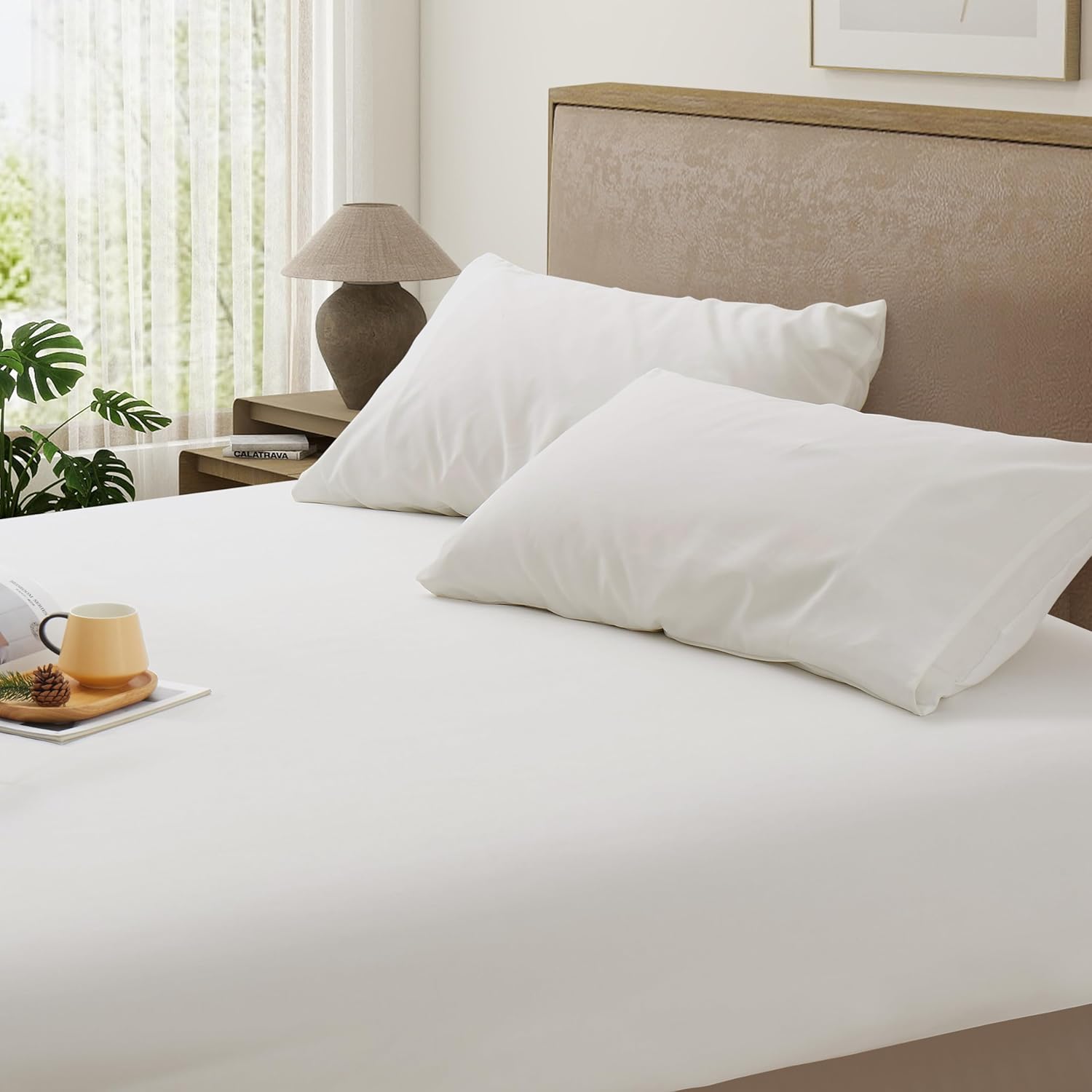 2 PCS King Single Sheet Set, 1200TC Breathable and Ultra Soft King Single Size Bed Sheets Set with Fitted Deep Pockets 40cm, 1 Bedding Fitted Sheets & 1 Pillowcase (White, King Single)