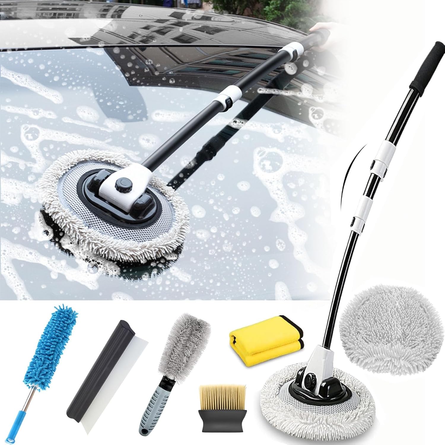 7Pcs Car Wash Kit,43" Car Wash Brush with Long Handle,15° Curved Car Cleaning Brush with Telescopic Handle,Car Detailing Kit For Washing Caravan Van Truck Boat