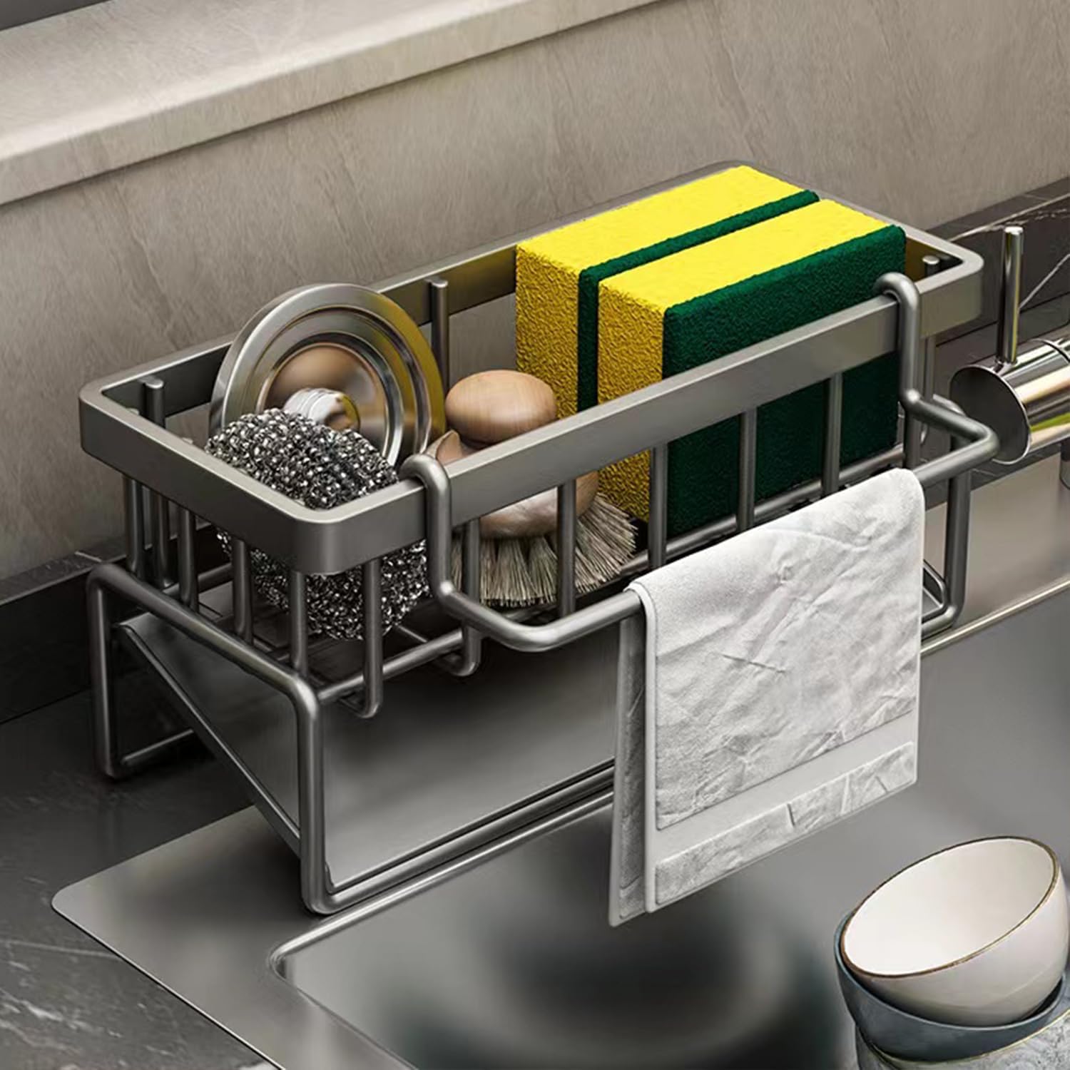 Kitchen Sink Caddy Organizer, Sponge Holder for Kitchen Sink with Self Draining Tray,Dish Soap Scrubber Brush Dishcloth Holder Rack,Rustproof Stainless Steel