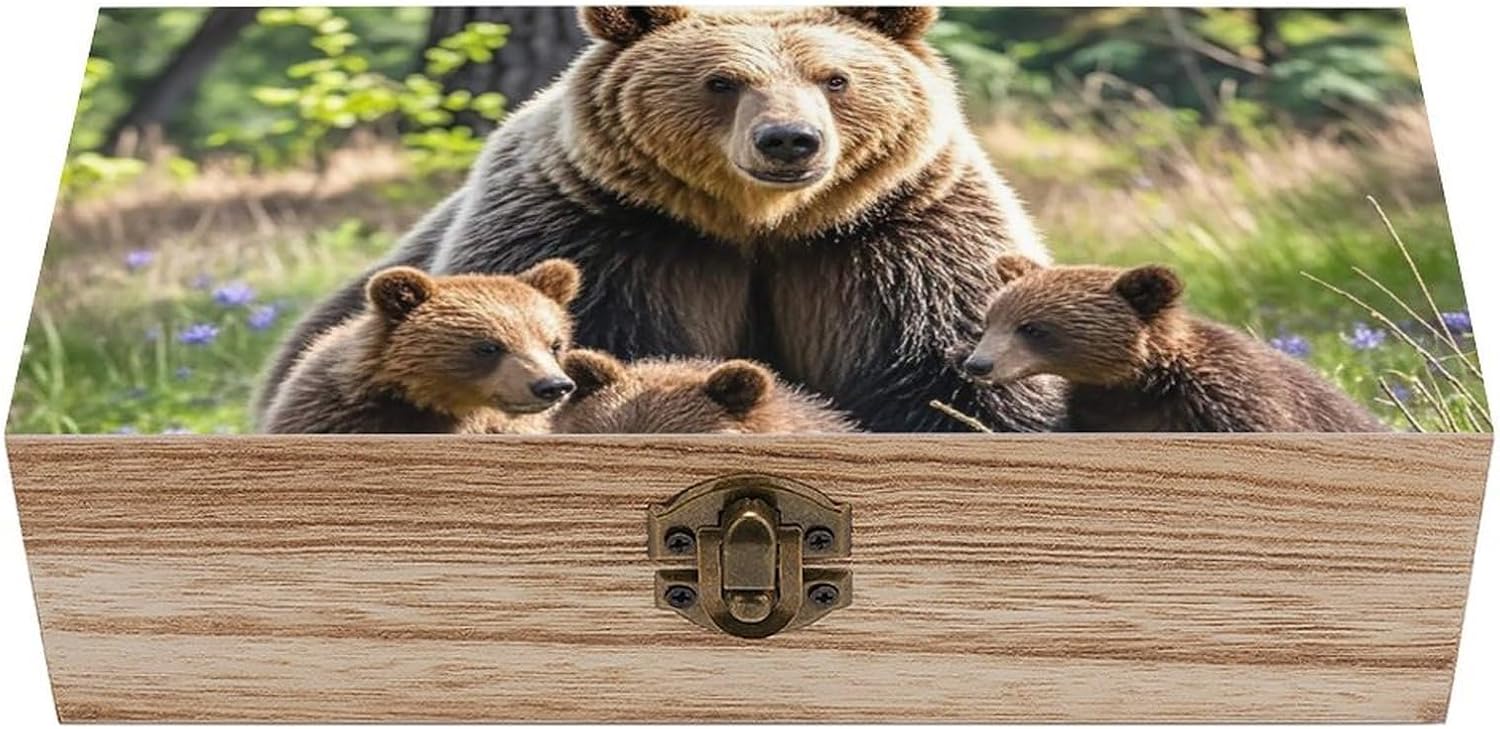 Mother Bear And Her Cubs Wooden Storage Box Jewelry Organizer Box with Hinged Lid Decorative Container Rustic Keepsake Boxes for for Crafts Photos Gifts Home Office Decoration