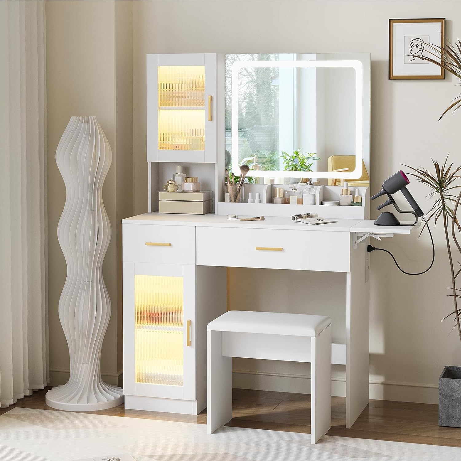 Advwin Dressing Table Stool Set with LED Mirror & RGB Cabinet, Makeup Desk with Charging Station & Drawers, Bedroom Vanity with Reversible Foldable Countertop for Women,Girls, White
