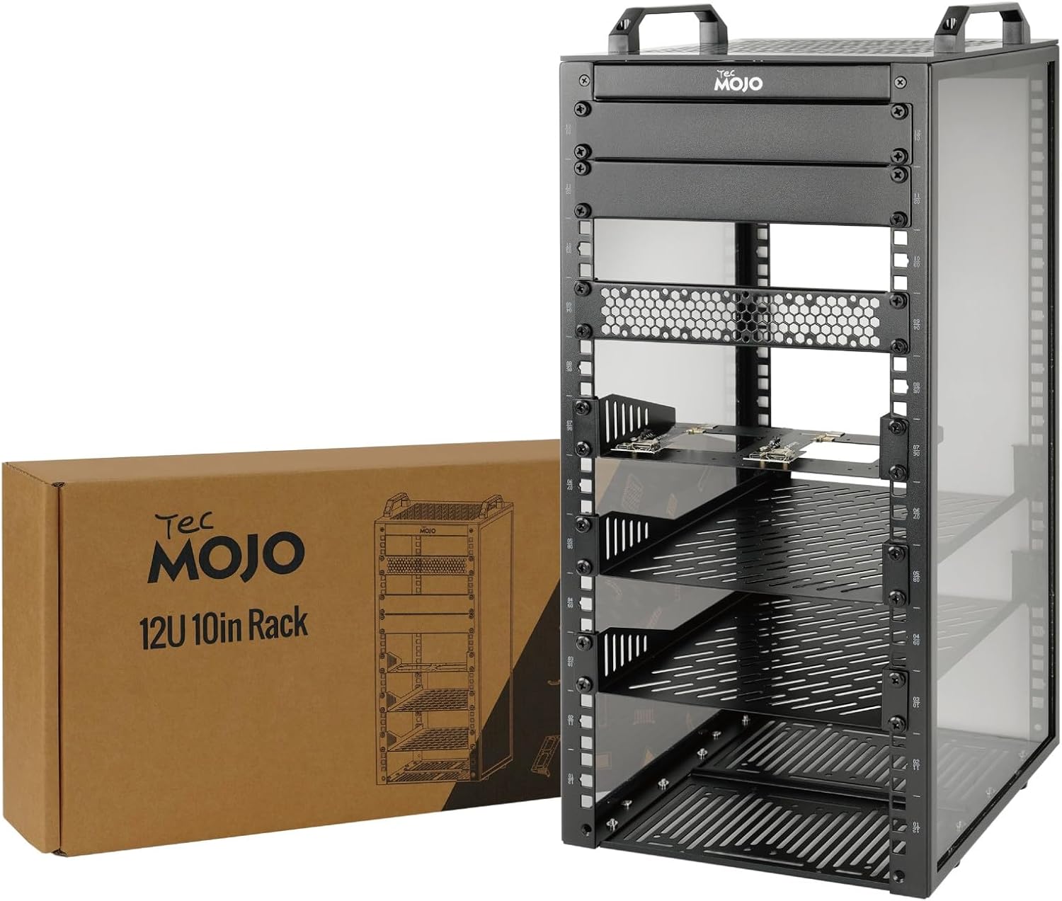 Tecmojo 12U Server Rack, 10 inch Wide 260mm Deep Desktop Rack with Shelf, Micro HDMl to HDMI Adapter Board, Blank Panel for 10 inch Servers, Network, Audio, and Video Equipment, Black