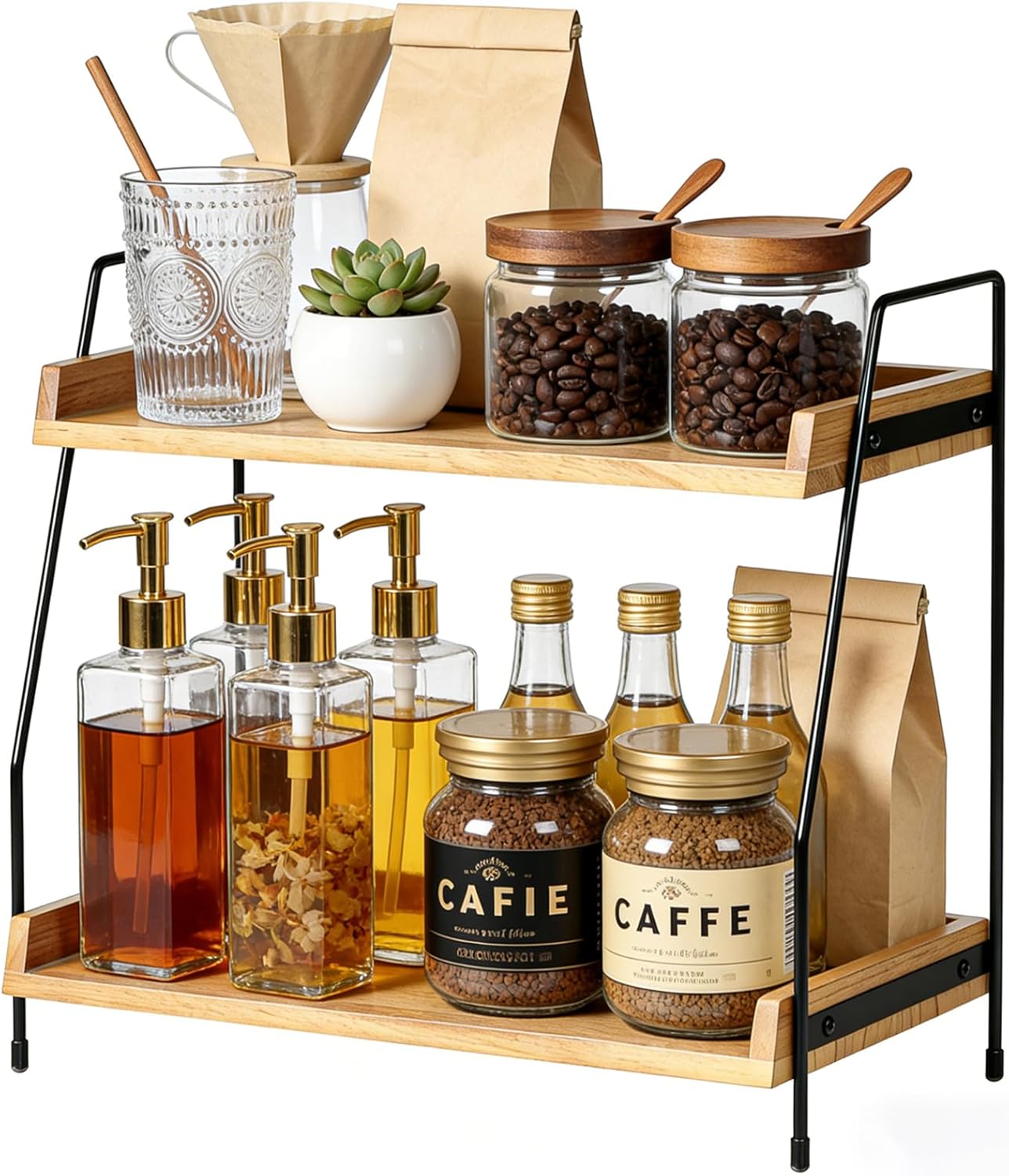 RayLove 2 Tier Coffee Station Organiser,Kitchen Countertop Organizer, Space-Saving,Condiment Storage Rack, Spice Rack Suitable for Coffee Bars, Kitchens, and Offices,Easy to Assemble