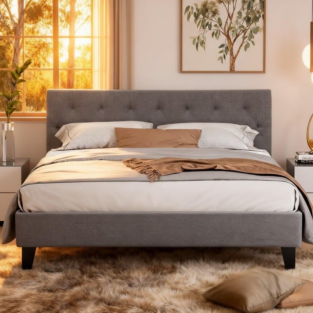 Artiss Double Bed Frame with Tufted Headboard, Platform Base Upholstered in Grey Faux Linen Fabric + Foam + Wood for Bedroom Home Decor Modern Design