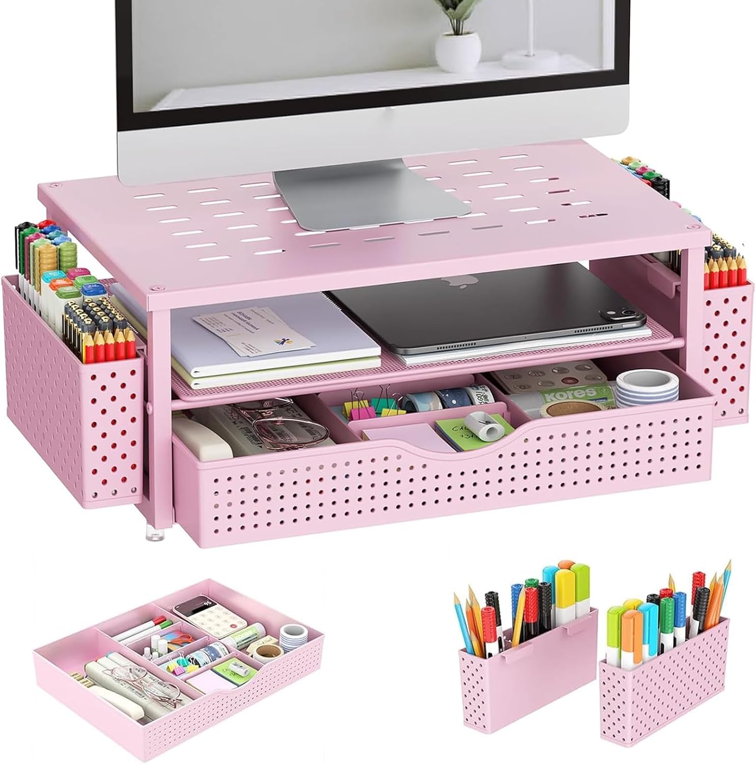 Monitor Stand -Desk Organizer and Accessories, 2-Tier Computer Monitor Stand Riser with Drawer and 2 Pen Holders, Office Desk Accessories for Office Supplies (Pink)