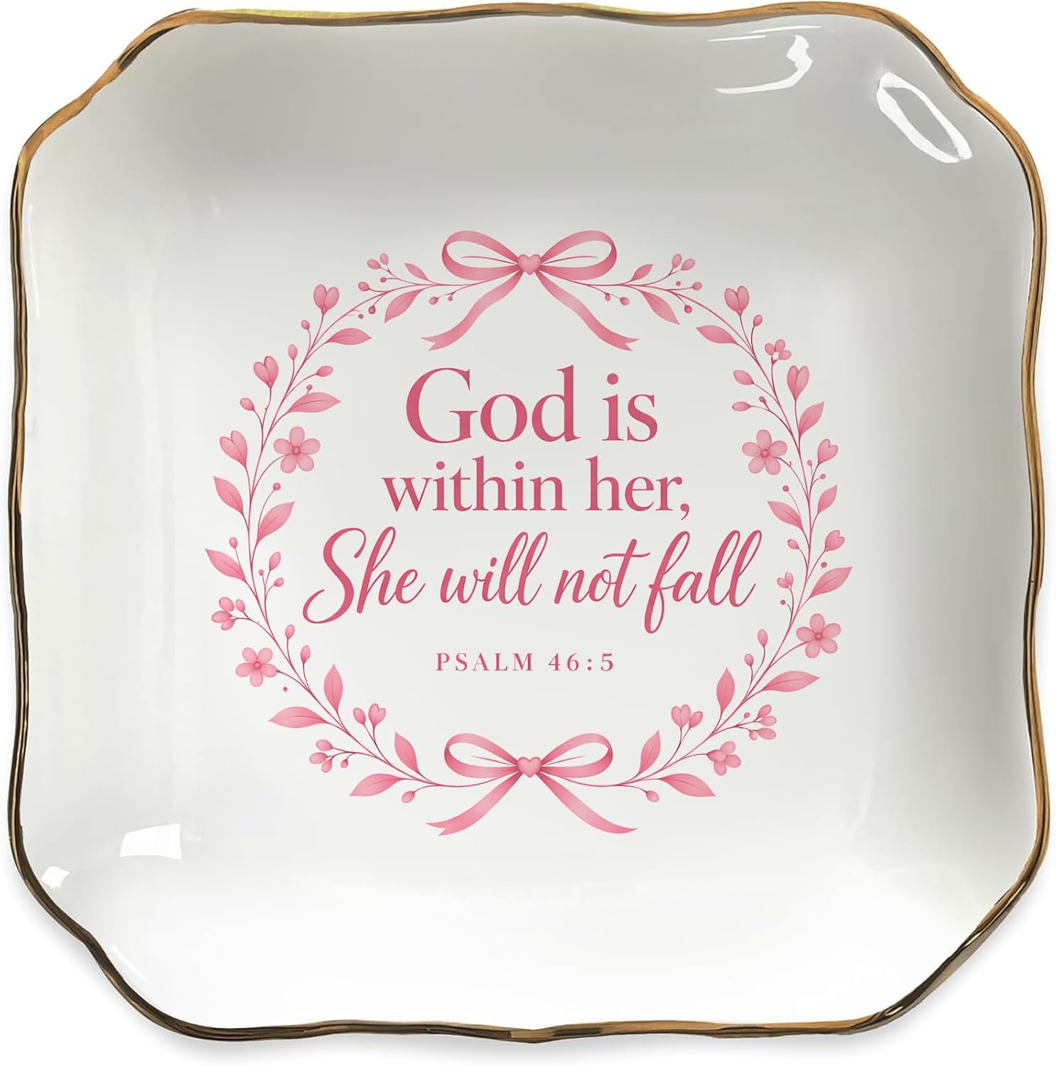 Christian Jewelry Dish for Women – Psalm 46:5 Ring Holder, God is Within Her Gift, Inspirational Trinket Tray for Friend Sister Mom, Birthday Christmas Religious Gifts Decor