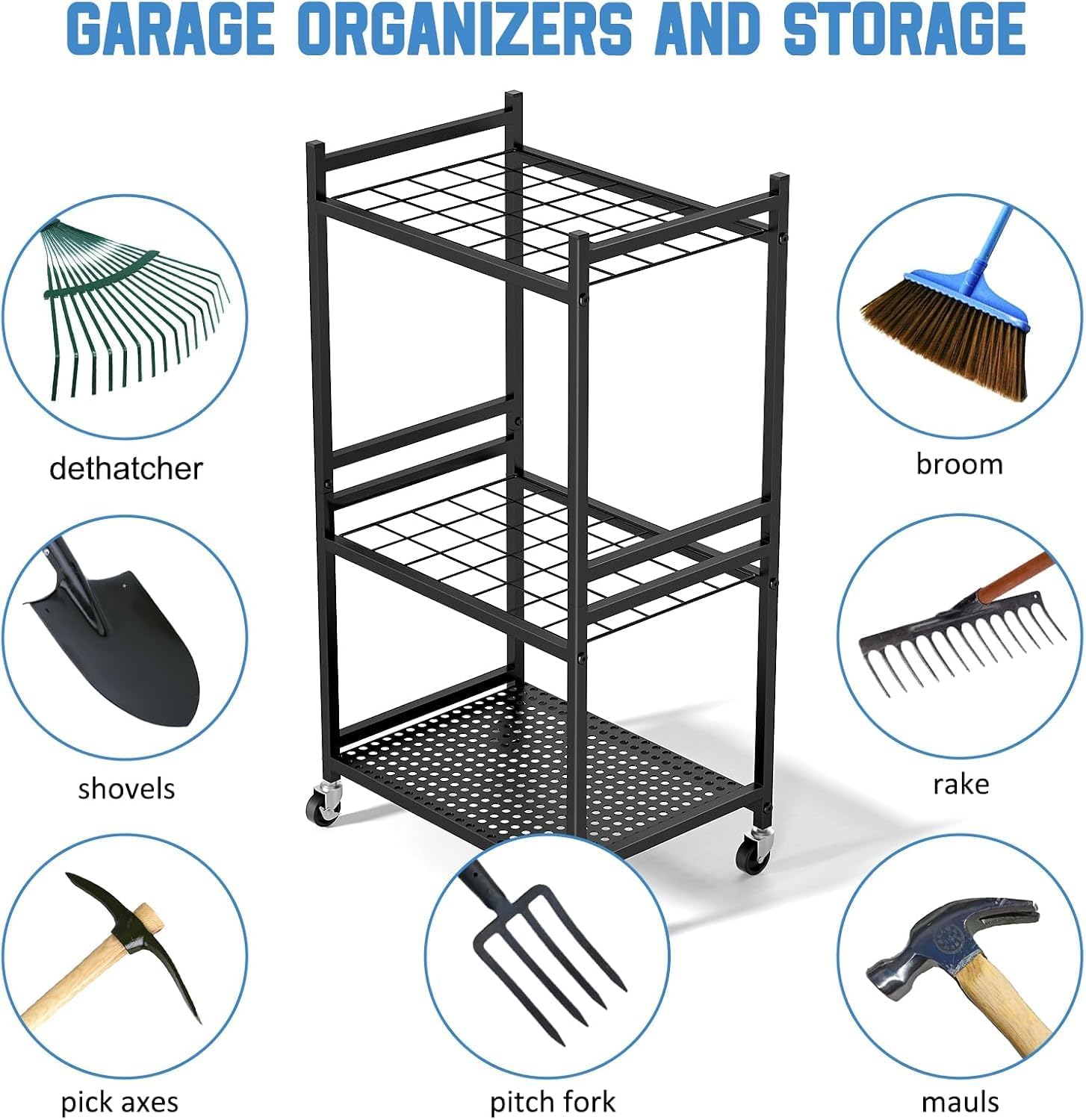 Garden Tool Organizer with Wheels, Garden Tool Organiser Garden Tool Rack Garage Organizer，Holds up to 35 Long-Handled Tools, Durable Metal Construction, Easy to Assemble