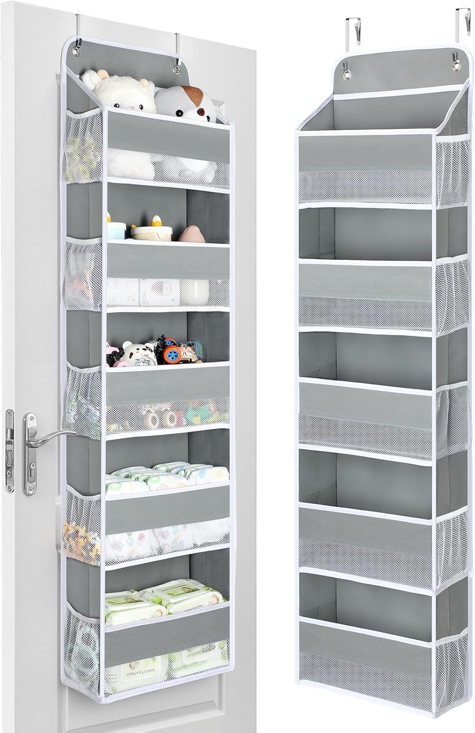 Yecaye 1 Pack Over The Door Organizer with 5 Bins 10 Side Pockets,44lbs Load Hanging Bathroom and Bedroom Organizer, Behind The Door Storage for Nursery Newborn Baby Essential Stuff, Grey