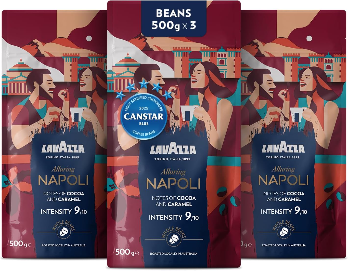 Lavazza, Tales of Italy Alluring Napoli, 1.5 Kg, Coffee Beans, for Espresso Coffee Machines, Notes of Cocoa & Caramel, Arabica & Robusta, Intensity 9/10, Dark Roasting, Roasted in Australia, 3 x 500g