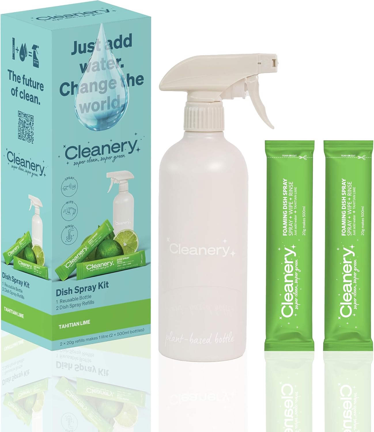 Dish Spray Starter Kit, 1 Reusable bottle + 2 Refills- makes 500ml each