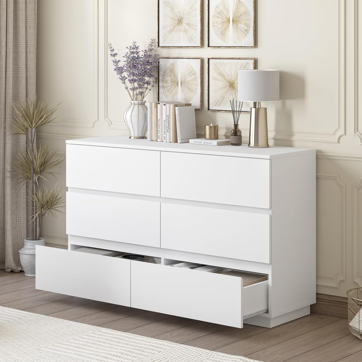 Merryluk 6-Drawer White Dresser,Tallboy Chest of Drawers for Bedroom, Closet, Hallway, or Living Room,Modern Clothes Storage Cabinet Organizer with Lowboy Design