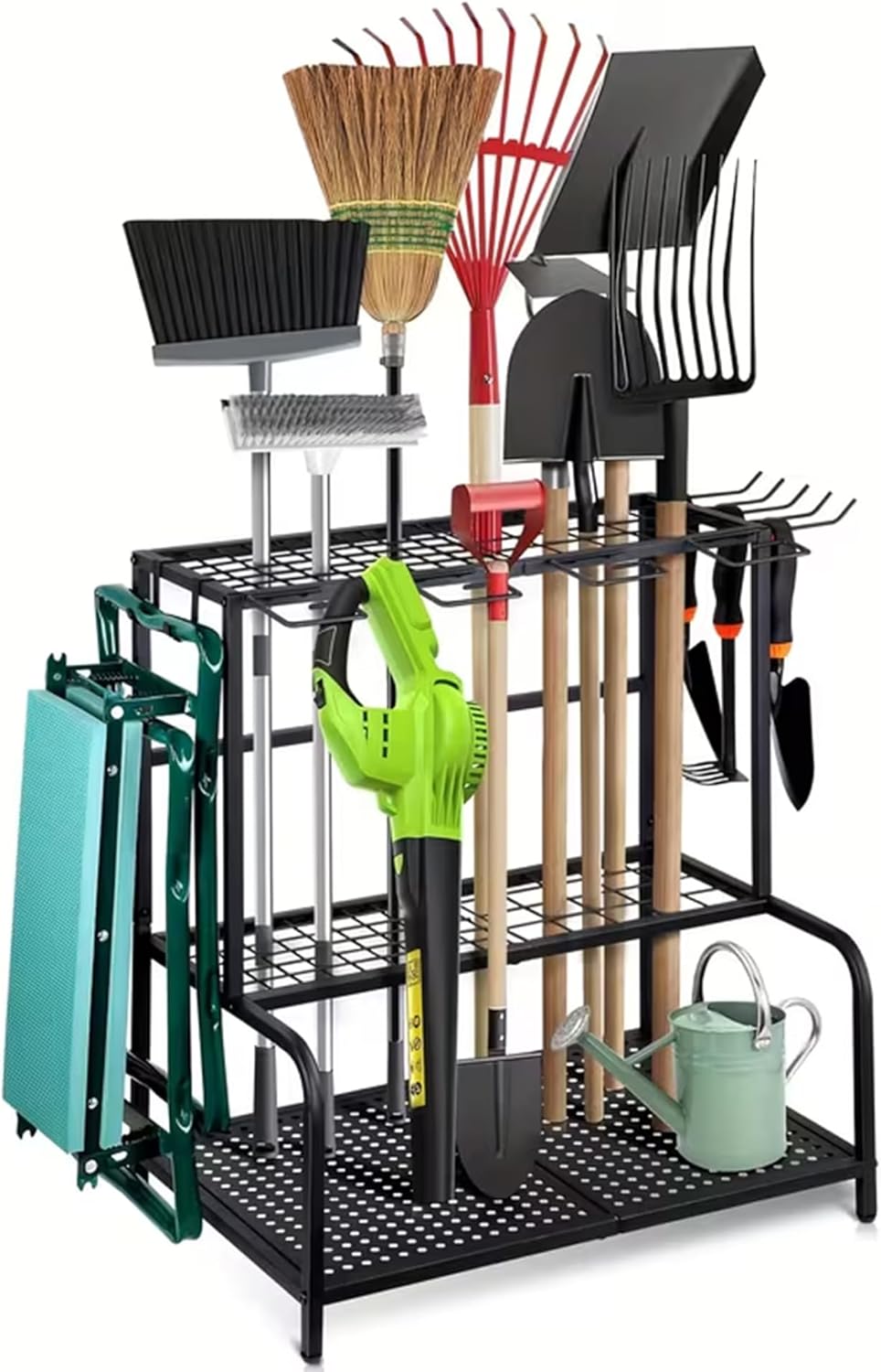 Garden Tool Organiser Rack Heavy Duty Metal Yard Tool Storage Stand with Side Hooks for Garage Shed Outdoor, Holds 78 Long Handled Tools Shovels Rakes Brooms