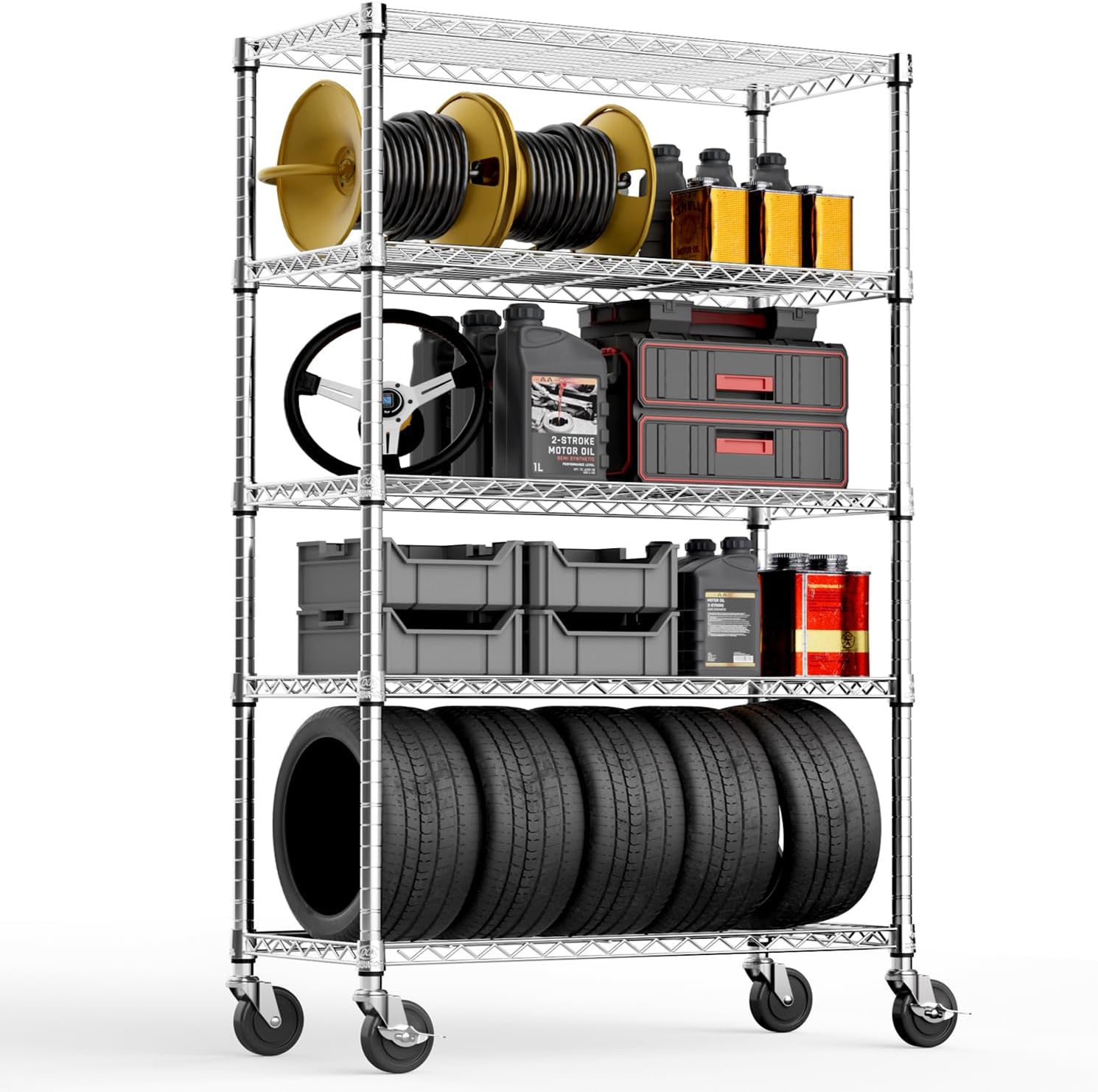 MZG 5-Tier Adjustable Heavy-Duty Metal Wire Storage Shelving Unit with Casters (Chrome, 45 × 120 × 180 cm) for Garage, Warehouse, Supermarket, Garden, Farm and Ranch, 800kg Capacity