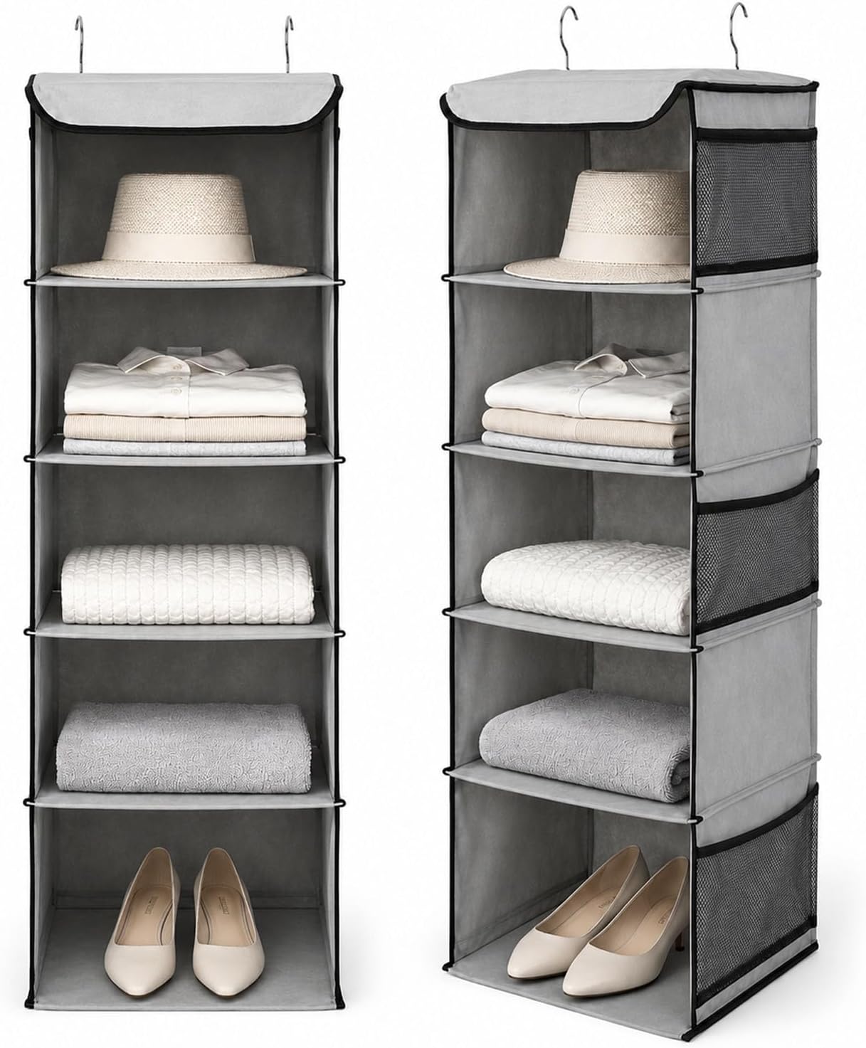 Haundry Hanging Closet Organizer, 5-Shelf Closet Organizers and Storage with 6 Side Mesh Pockets, Foldable Hanging Shelves for Clothes, Sweaters,Wardrobe, 2 Packs, Grey