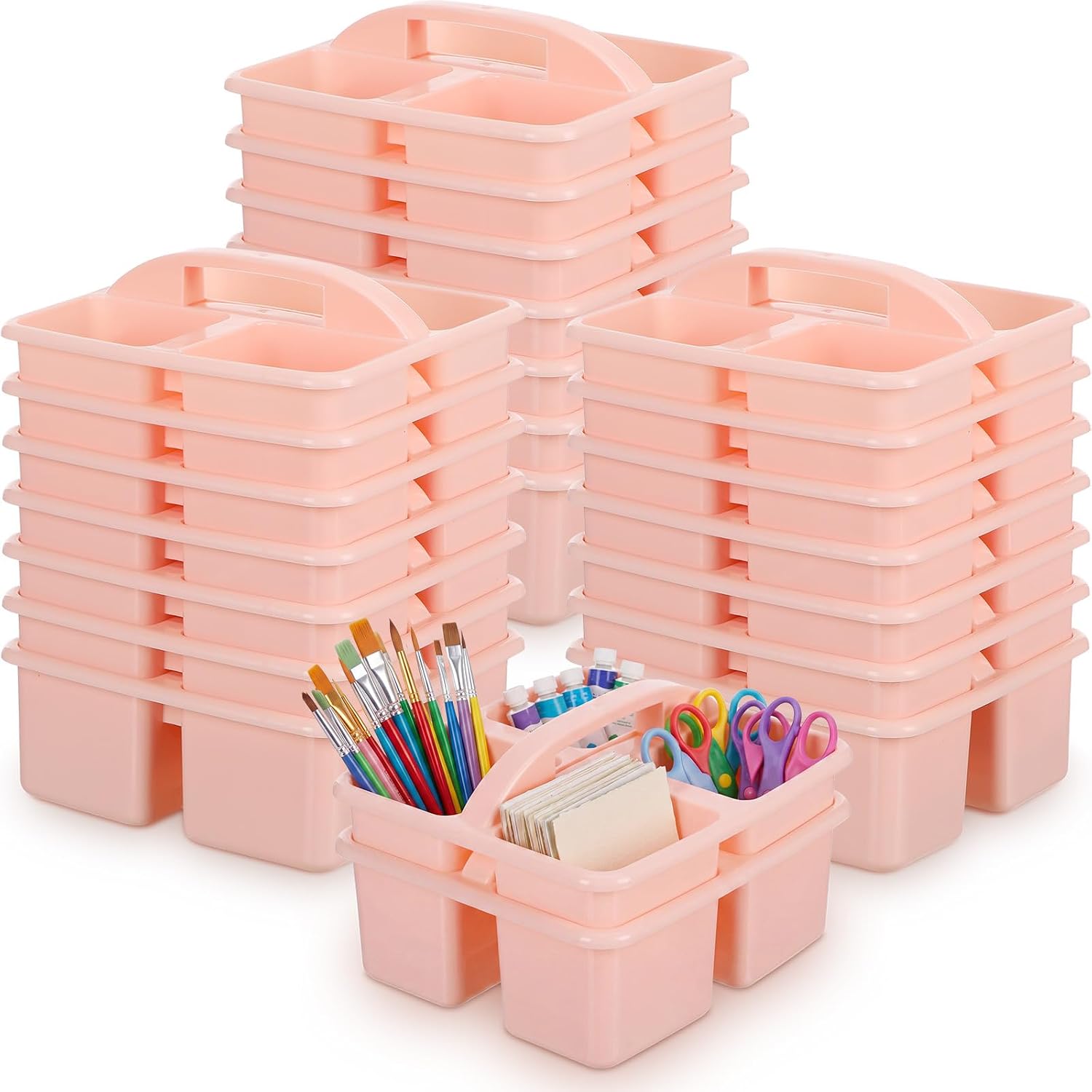 Geelin 24 Pcs Plastic Storage Caddy with Handle, 3 Compartment Portable Classroom Caddy, 8 x 6.7 x 3.5 Inches Utility Organizer Basket Bins for Office, Kids Room, Craft Supplies Organization(Pink)