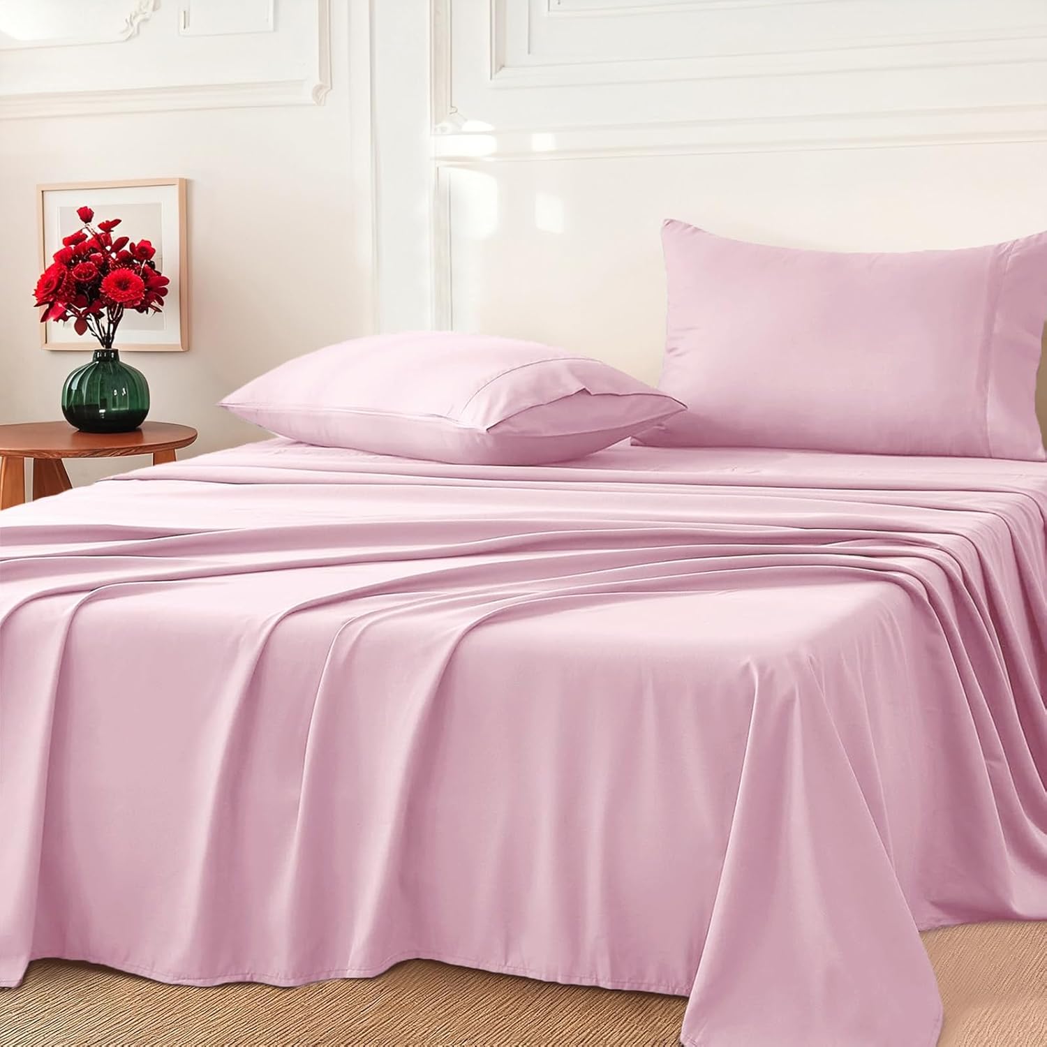 King Single Size Bed Sheet Set - 3PCs (Fitted Sheet, Flat Sheet, Pillowcase) - 1000TC Ultra Soft Microfiber Breathable Bedding -Luxury Hotel Style, Pink-1