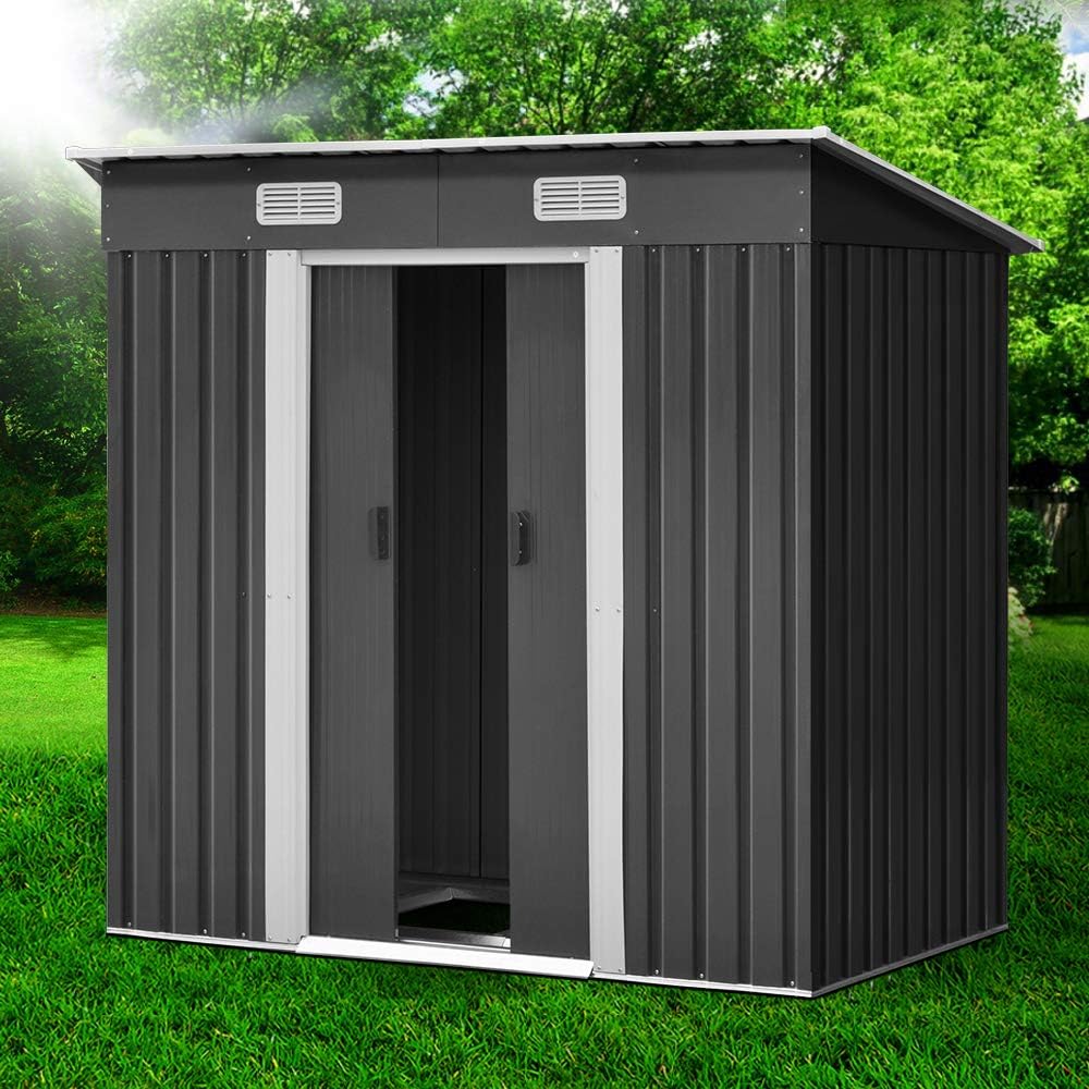Giantz Garden Shed 1.94x1.21m Storage Box, Greenhouse Home Outdoor Workshop Shelter Tool Shade Metal Base Sloped Flat Roof Double Sliding Doors Corrosion Resistant