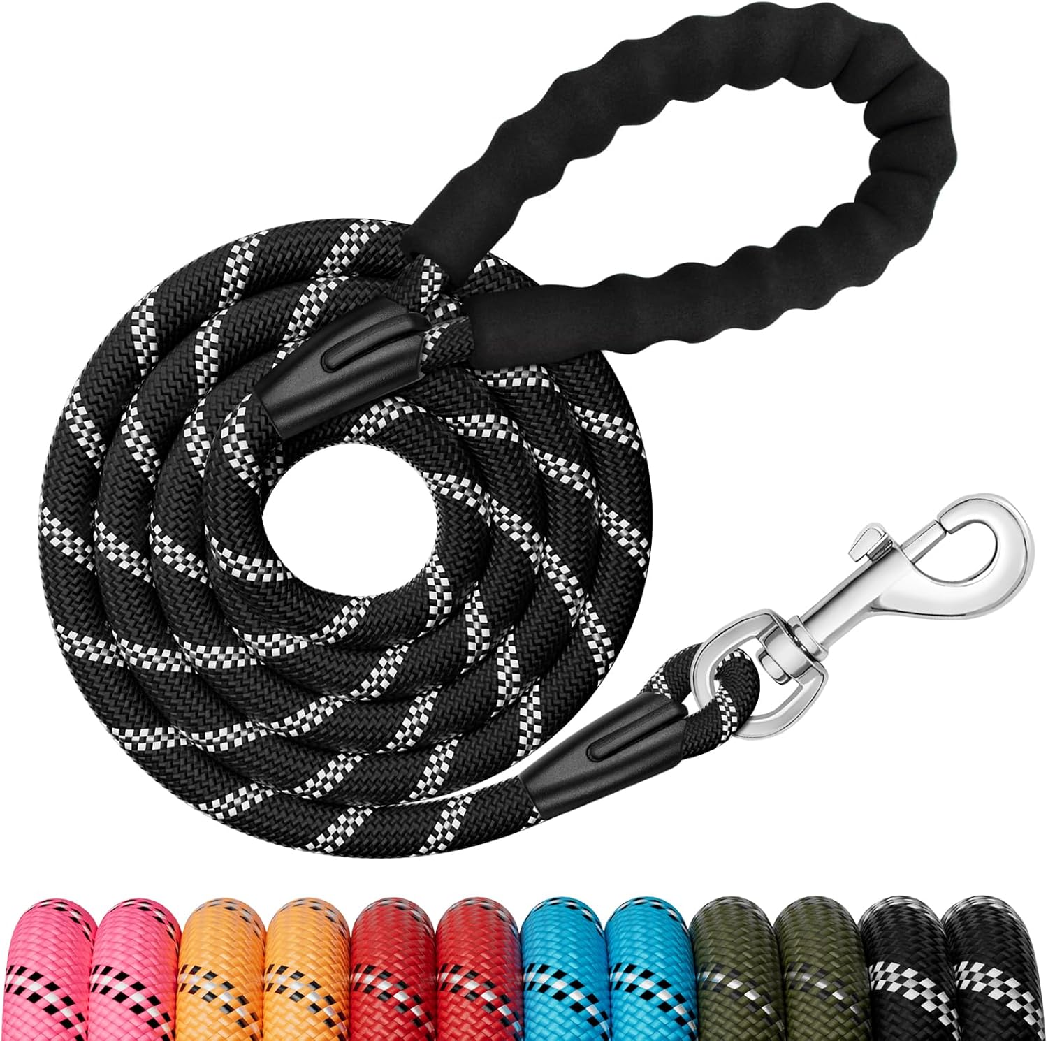 6FT Dog Leash, 1.8m Strong Rope line Dog Lead Leash with Soft Padded Handle and Heavy Duty Hook, Reflective Recall Training Leads for Large Medium Small Dog, 10mm, Black