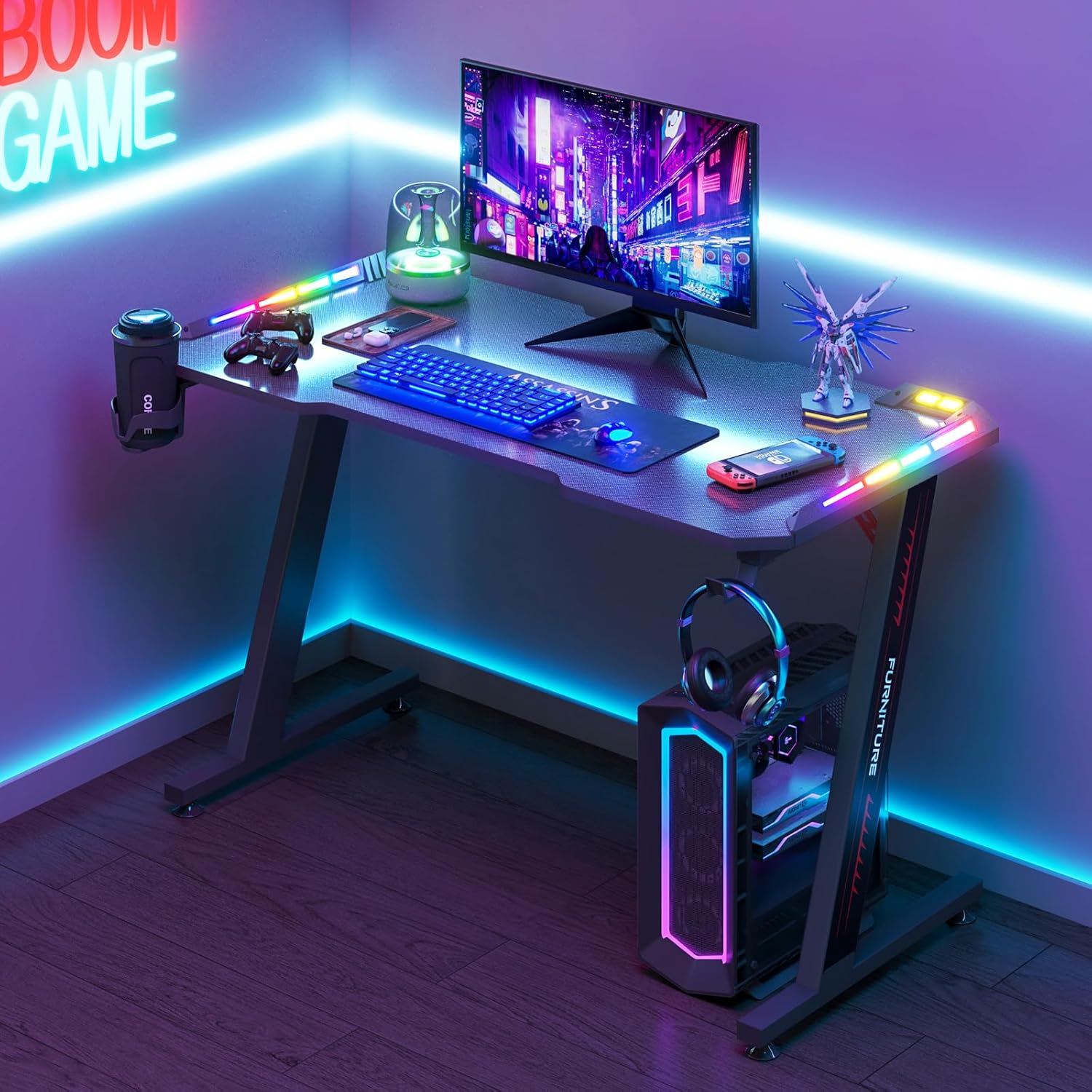 ADVWIN Black Gaming Desk 120cm LED Gaming Workstation with RGB Light Z Shaped Computer Desk Pc Desk with Carbon Fiber Surface Cup Holder & Headphone Hook