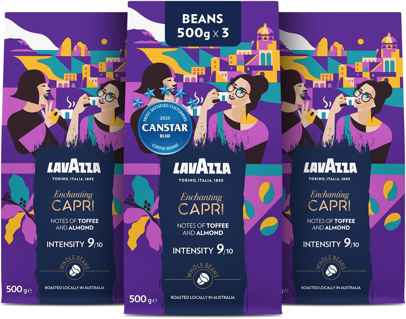 Lavazza, Tales of Capri, 1.5 Kg, Coffee Beans, Ideal for Espresso Coffee Machines, with Notes of Toffee and Almond, Arabica and Robusta, Intensity 9/10, Dark Roasting, Roasted in Australia, 3x500 g
