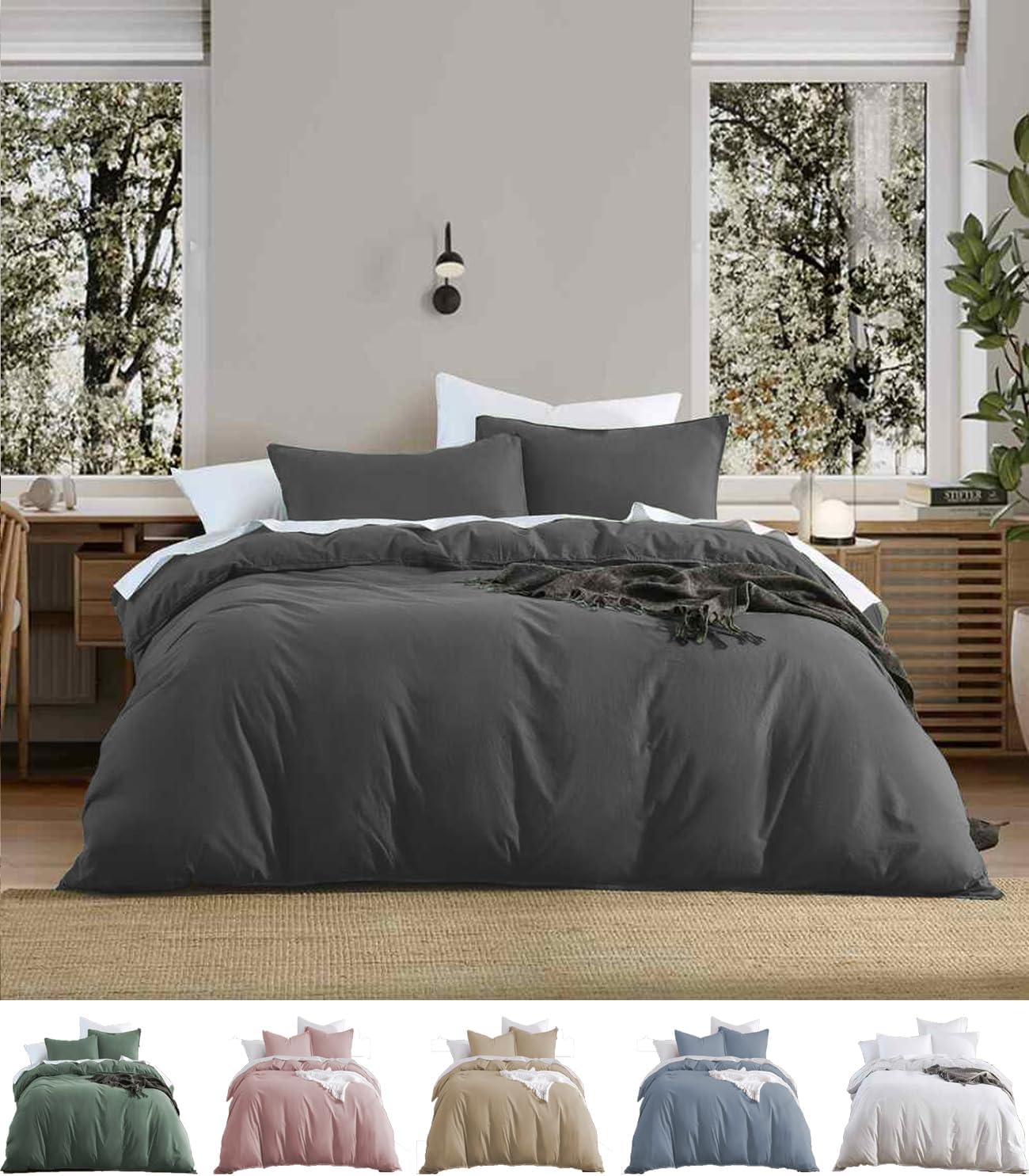 Quilt Cover Set 2000TC Ultra Soft Vintage Washed Brushed Microfiber - 3 Pieces - 1 Duvet Cover and 2 Pillowcases - Breathable - Zipper Closure (Charcoal, Queen)