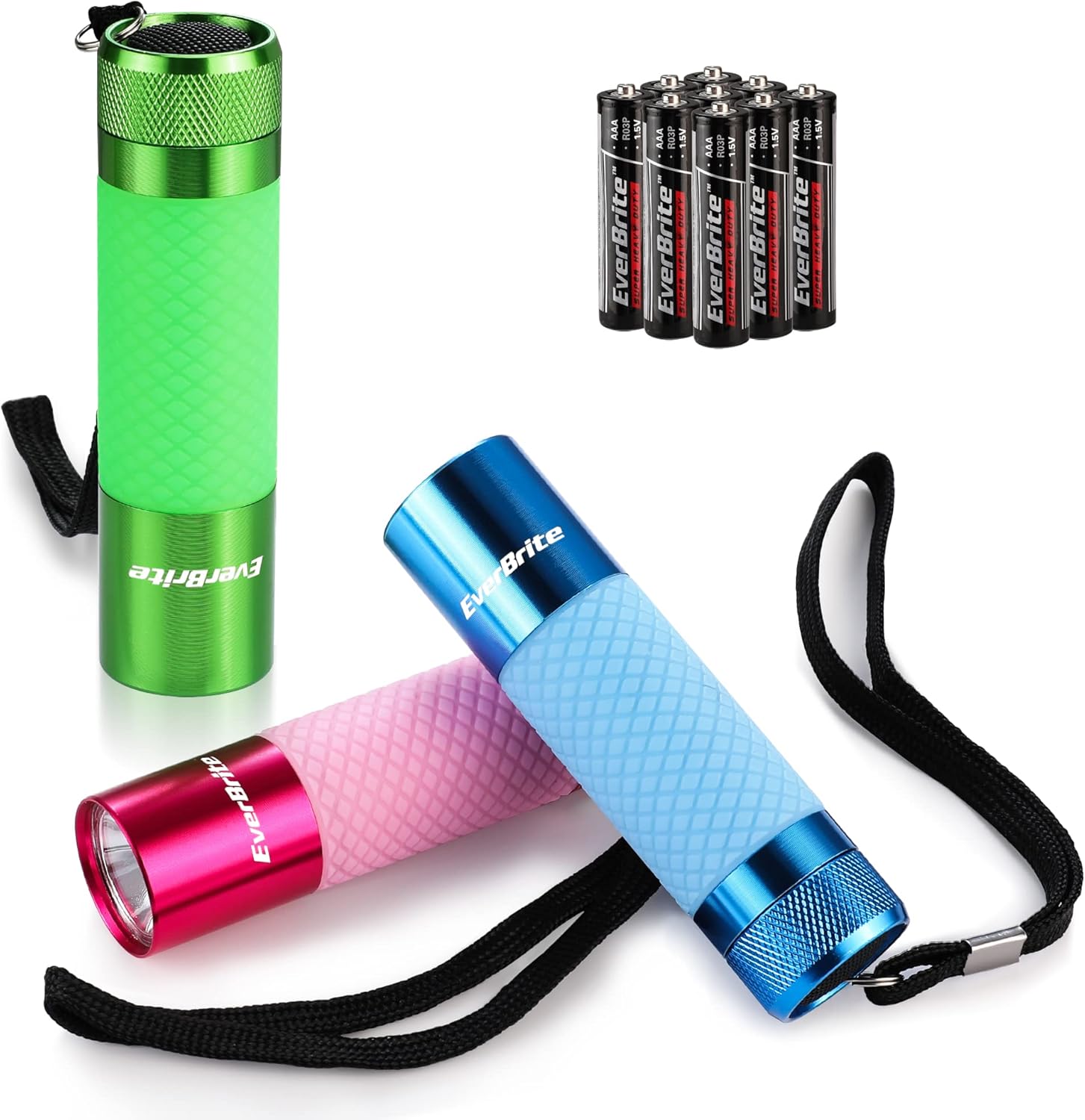 EverBrite 3-Pack Mini Flashlights, Glow in Dark Flashlights, Aluminum LED Flashlights Party Favors Assorted Colors for Camping, Hiking, Emergency, Batteries Included