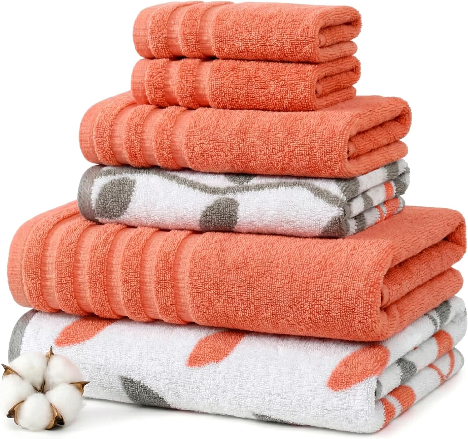 Amrapur Overseas 6-Piece Yarn Dyed Organic Vines Jacquard/Solid Ultra Soft 500GSM 100% Combed Cotton Towel Set [Coral]