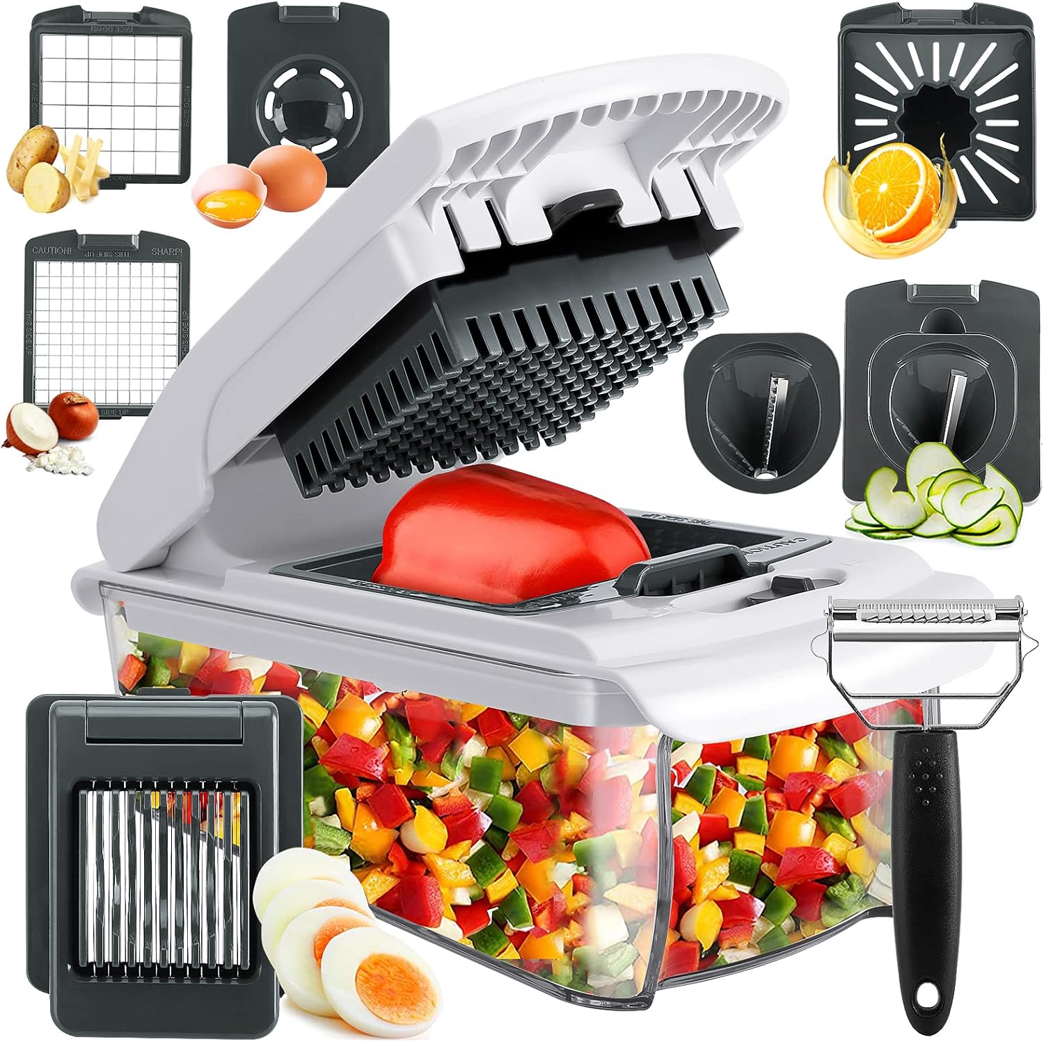 Vegetable Chopper（Upgraded, 9-in-1 Onion Chopper,Mandolin Slicer with Peeler, Spiralizer, Zoodle Maker, Lemon Squeezer, Egg Slicer,Seperator for Salad Potato Carrot, Vegetable Cutter Kitchen Gadget