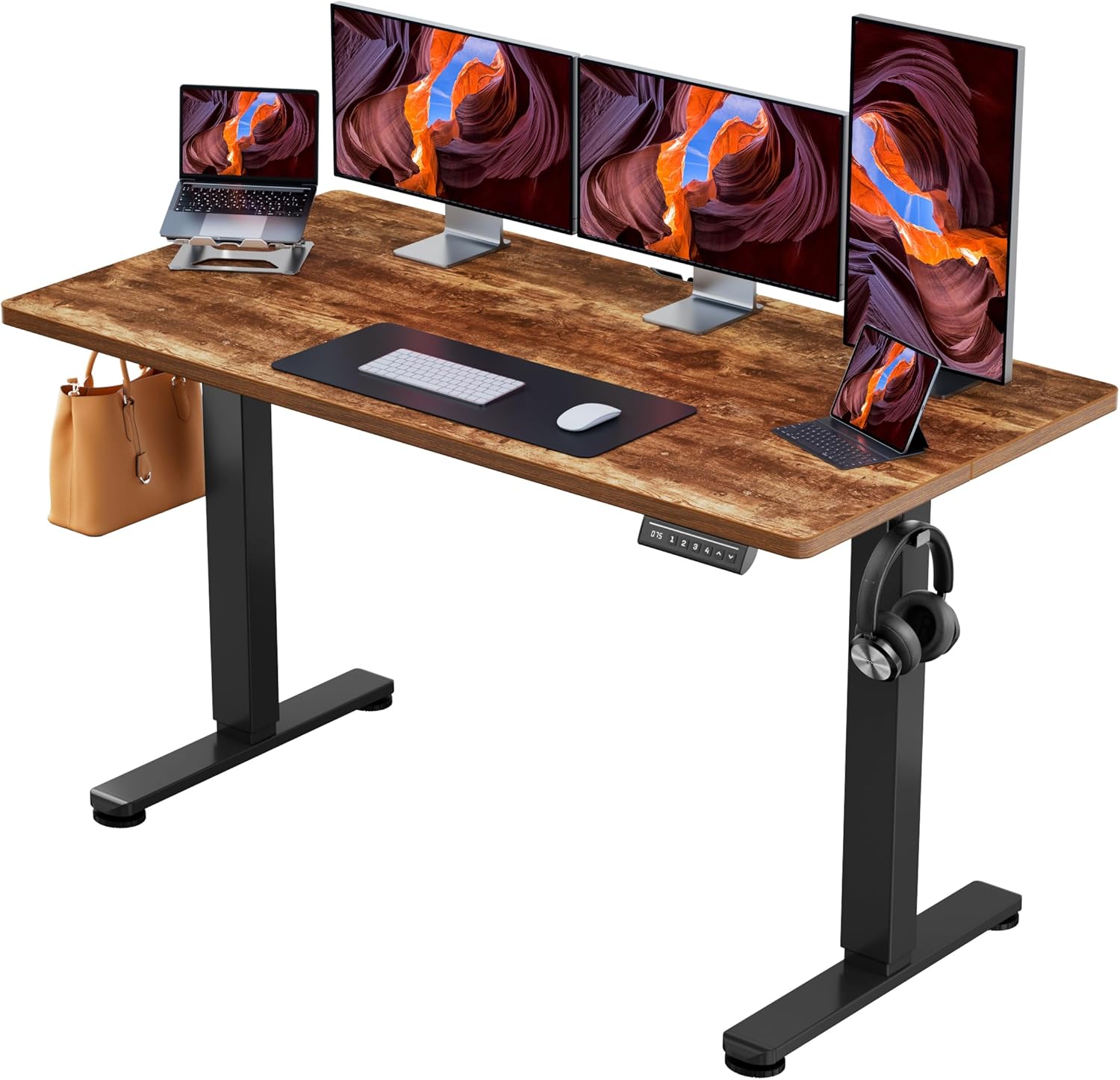 ErGear Height Adjustable Electric Standing Desk, 63 x 28 Inches Sit Stand up Desk, Memory Computer Home Office Desk, Vintage Brown
