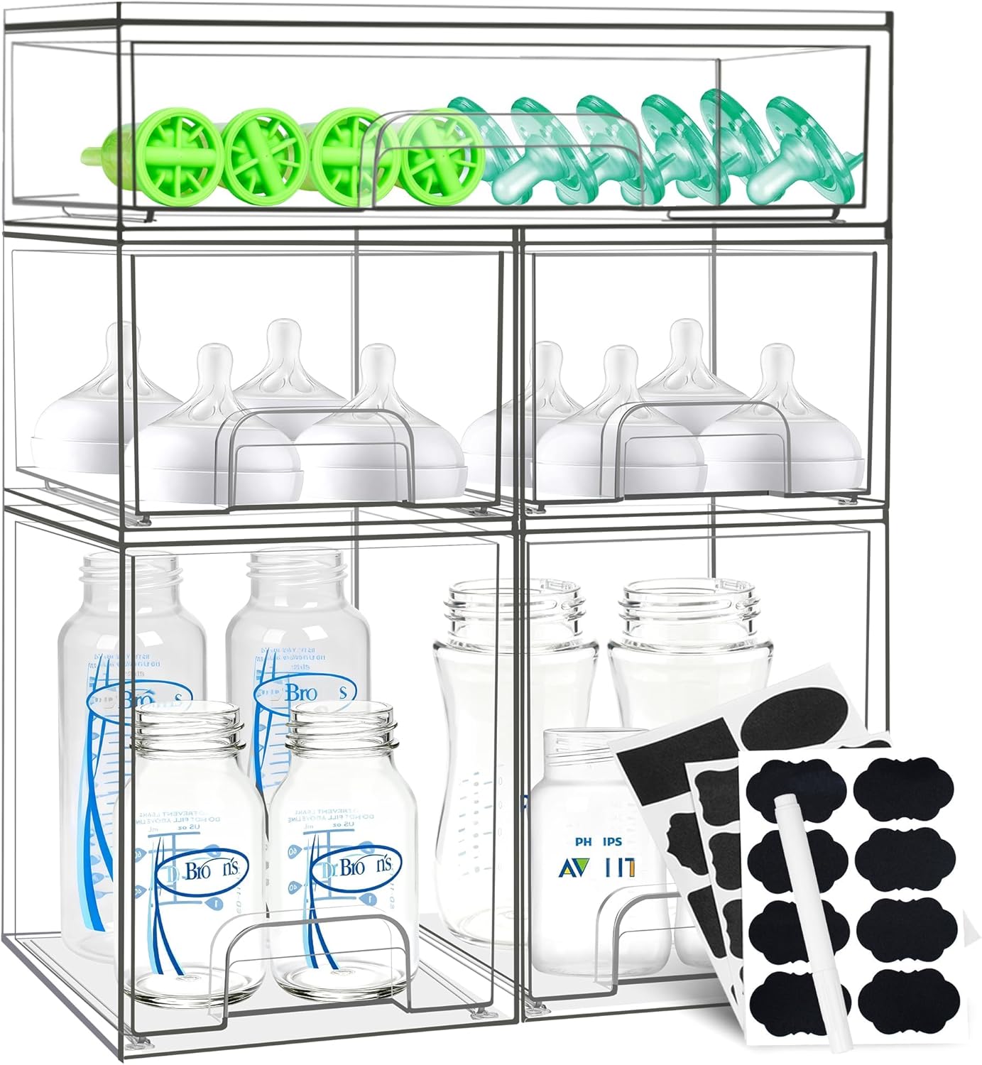 Baby Bottle Organizer, Stackable Storage Drawers with Labels, Clear Station Organizers Container for Pacifiers, Desk Organizer Bins for Bathroom, Cabinet, Pantry, Vanity, Countertop (5 Pack)