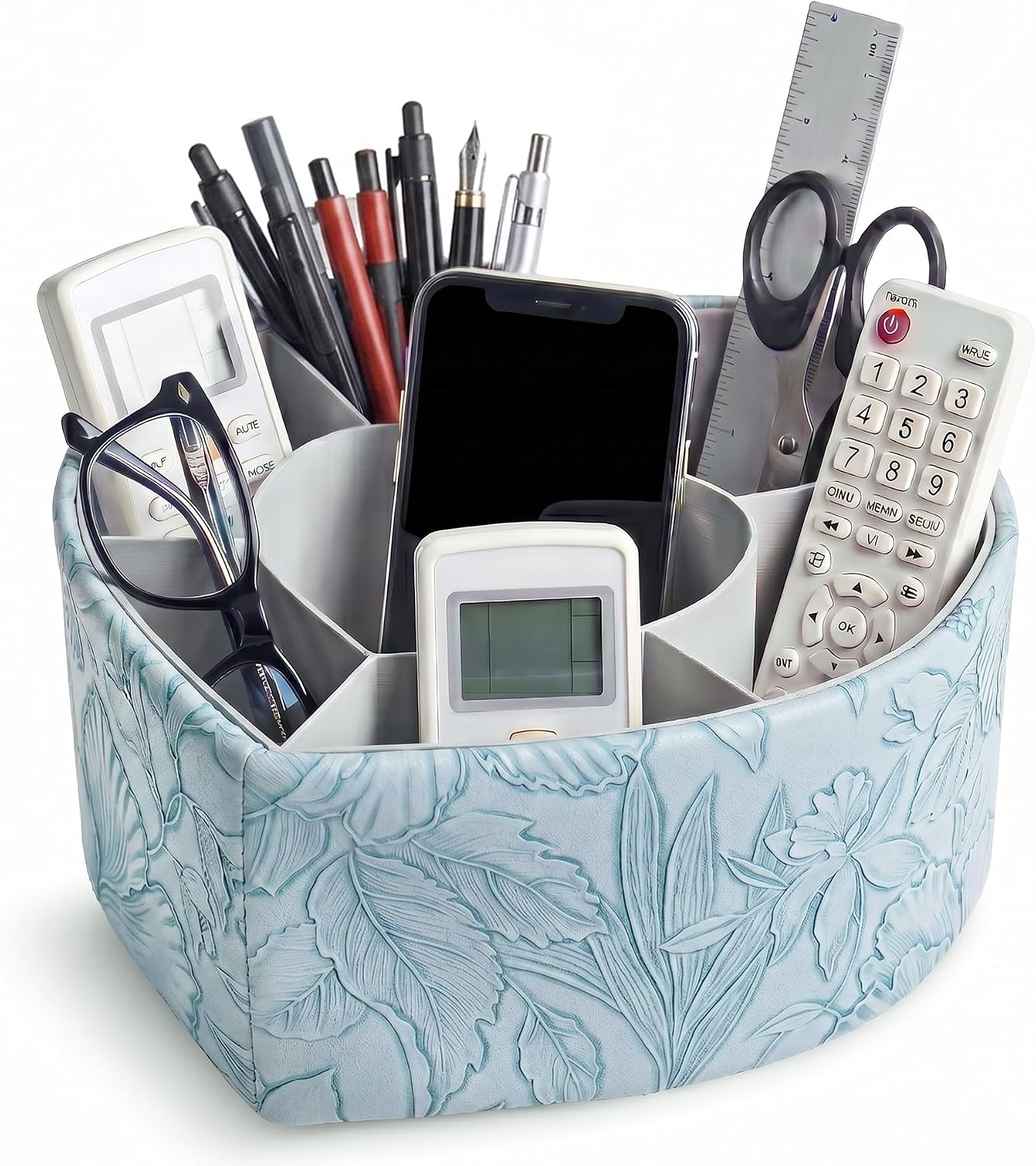 Heart Shaped Leather Art Supply Organizer,Remote Control Holder,360 Degree Spinning,Multi-Functional Pencil Holder,7 Compartments Desktop Stationary Organizer(1-Heart Blue)