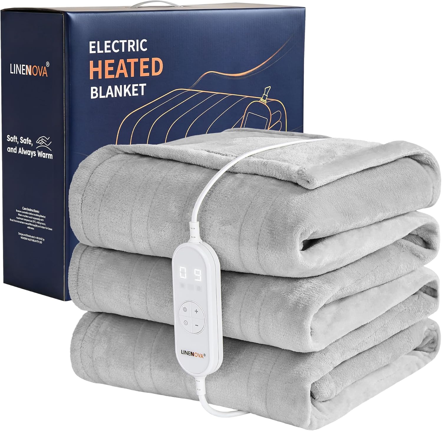 LINENOVA Heated Throw Blanket 130x160cm – Electric Throw Rug with 9 Heat Settings & 1-9H Timer, Ultra Soft Flannel Fleece for Sofa, Couch & Bed, Machine Washable, SAA Approved - Silver