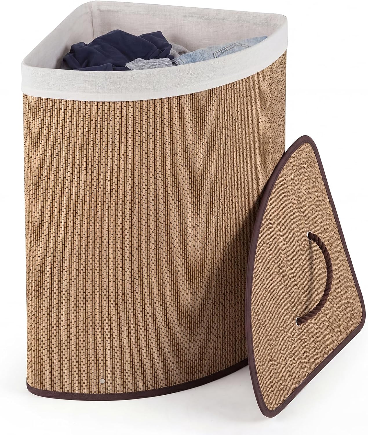 Giantex Corner Bamboo Laundry Hamper w/Lid, 57 L Capacity Clothes Hamper w/Removable Liner & Portable Handles, Interior Metal Frame, Laundry Basket for Bedroom, Bathroom, Laundry Room (Brown)