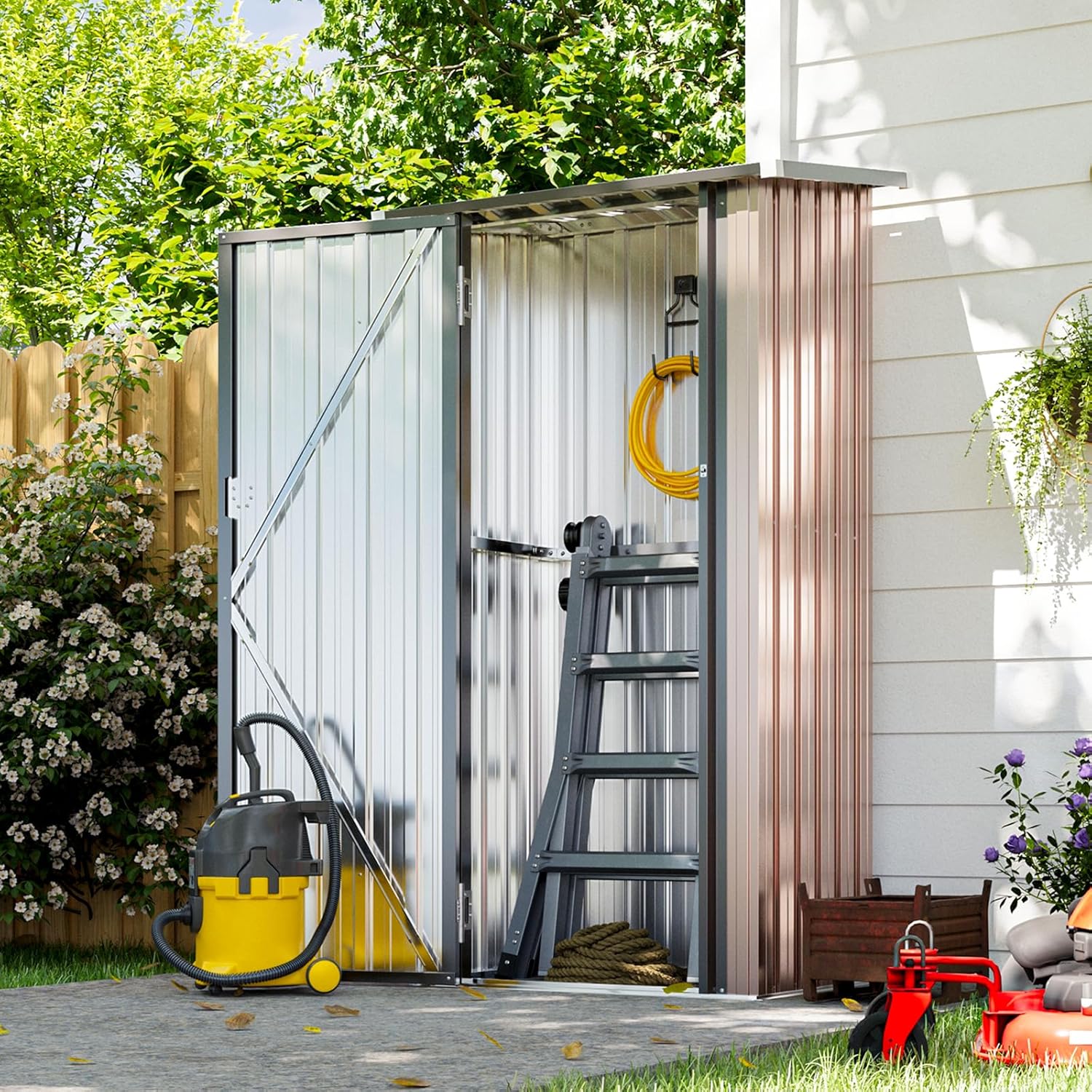 Aoxun 0.76x0.53M Outdoor Metal Storage Shed, Vertical Cabinet with Lockable Door & Sloping Roof, Outdoor Storage Cabinet for Garden, Patio and Lawn(Brown)