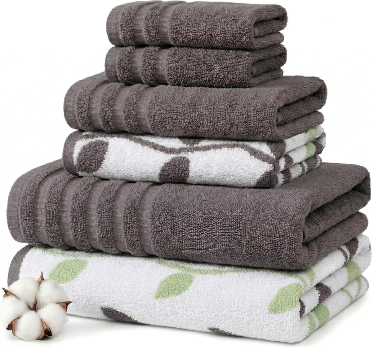Amrapur Overseas 6-Piece Yarn Dyed Organic Vines Jacquard/Solid Ultra Soft 500GSM 100% Combed Cotton Towel Set [Ash Grey]