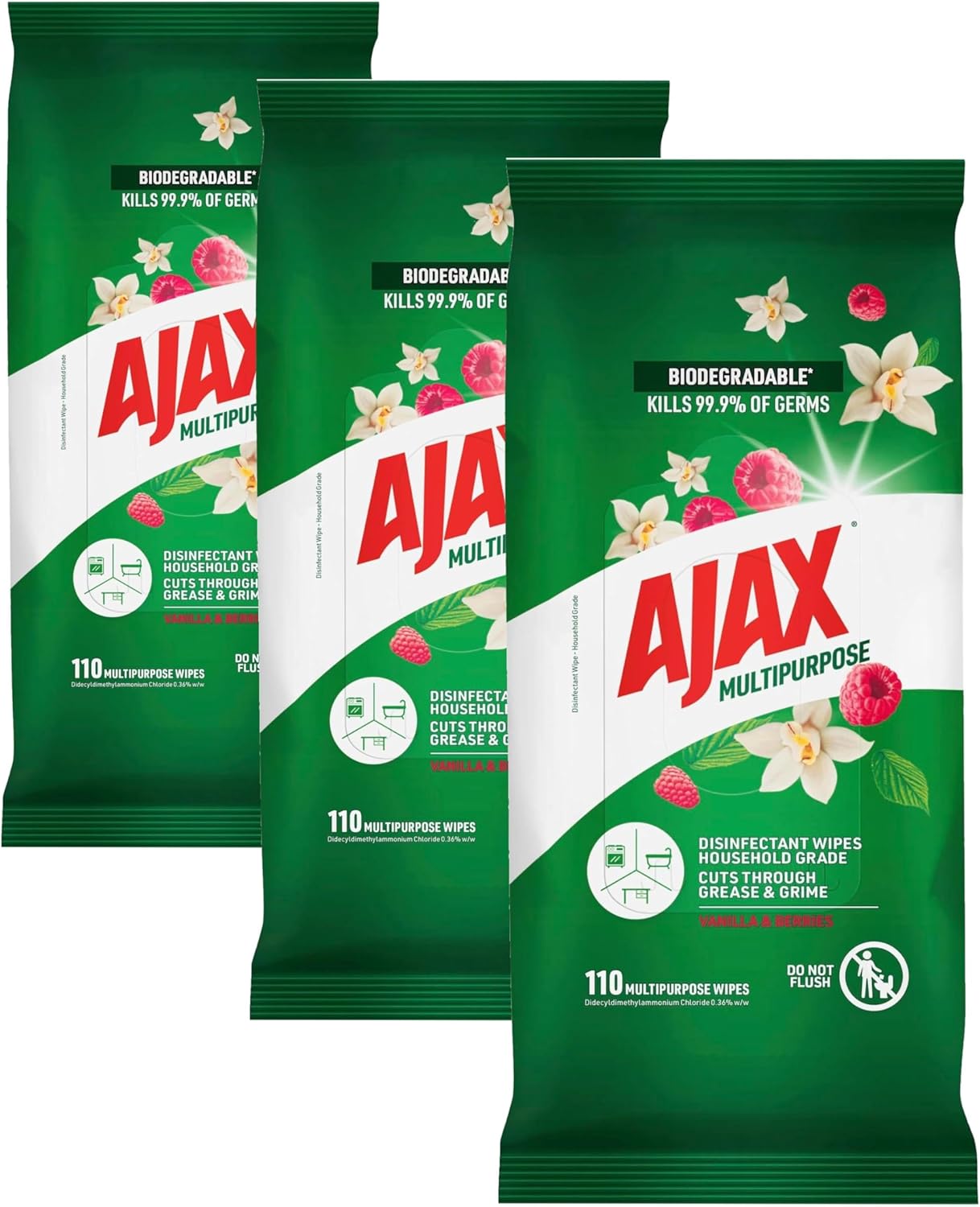 Ajax Multipurpose, Antibacterial Disinfectant Surface Cleaning Wipes, Bulk 330 Pack, Vanilla & Berries