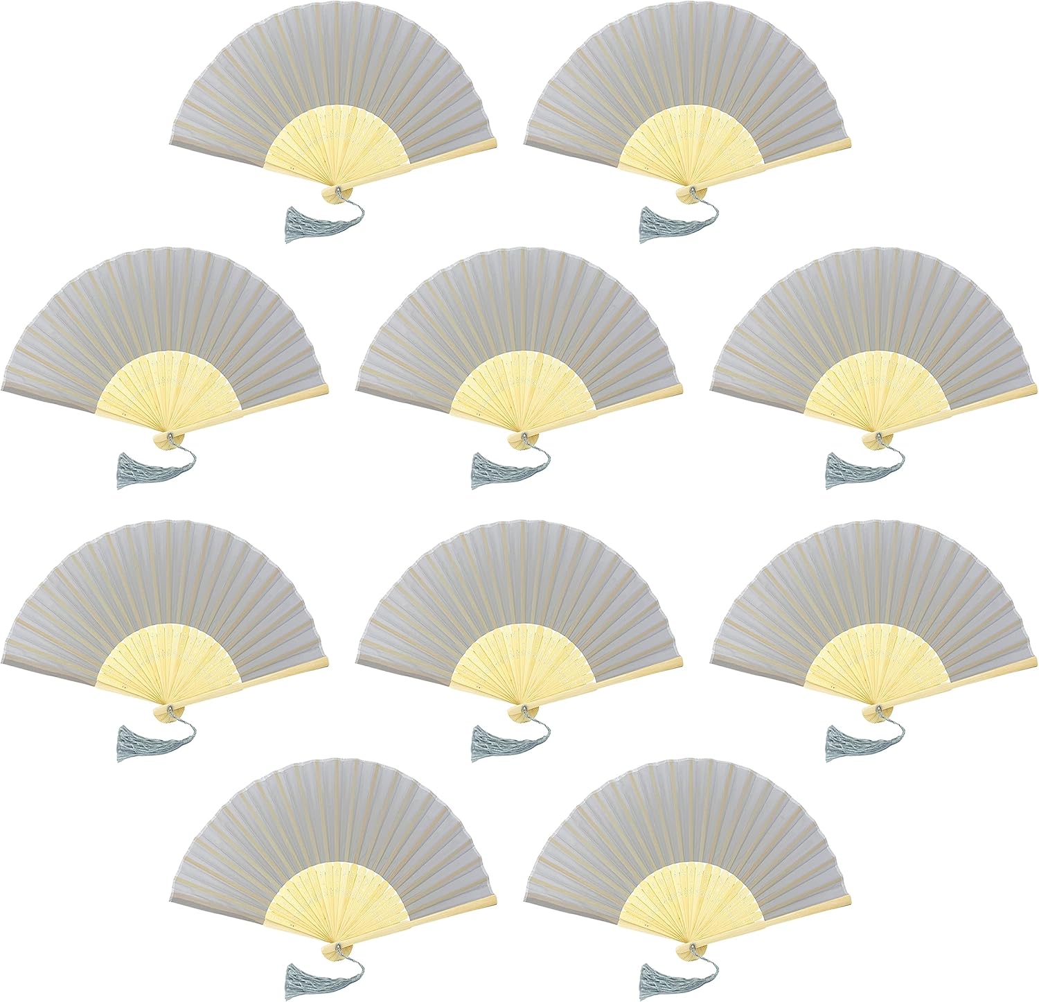 Pack of 10 Fabric Fan with a Tassel Grade A Bamboo Ribs Party Favour Handheld Fan (Silver, Grey)