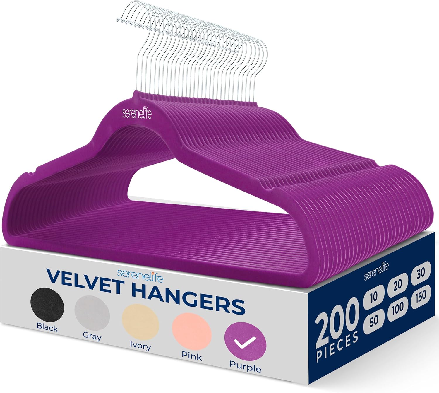 SereneLife 200 Pieces Velvet Hangers - Space Saving Heavy Duty Slim Suit Clothes Hanger Set with 360 Degree Swivel Metal Hook, Can Hold Up to 10 Lbs. for Coats, Jackets, Pants & Dress (Purple)
