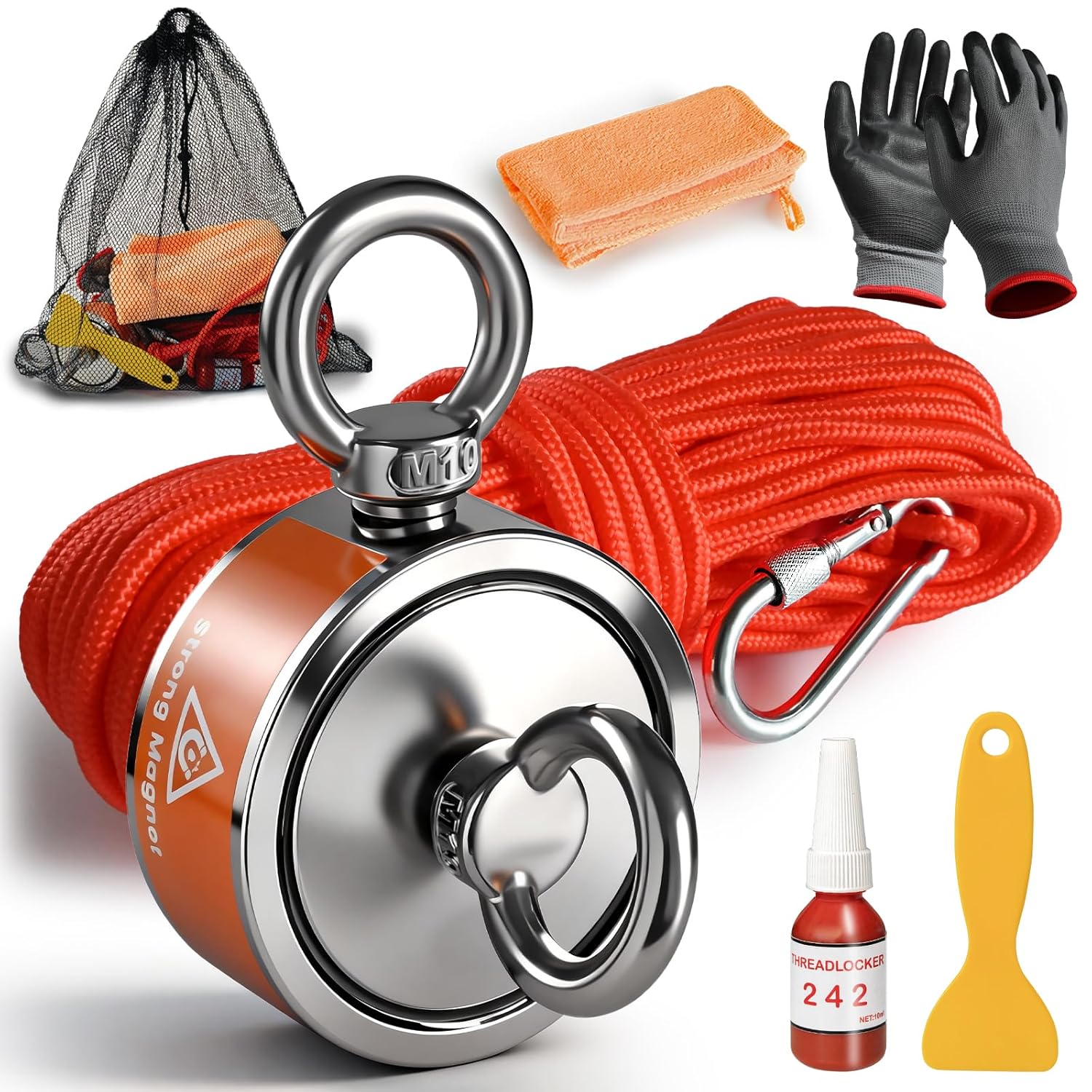 1300lb Double Sided Magnet Fishing Kit with 20m(65FT) Rope, Gloves, Towel, Net Bag, Glue, and Scraper, Suitable Treasure Hunting and Underwater Cleaning. Ideal for Magnet Fishing Enthusiasts