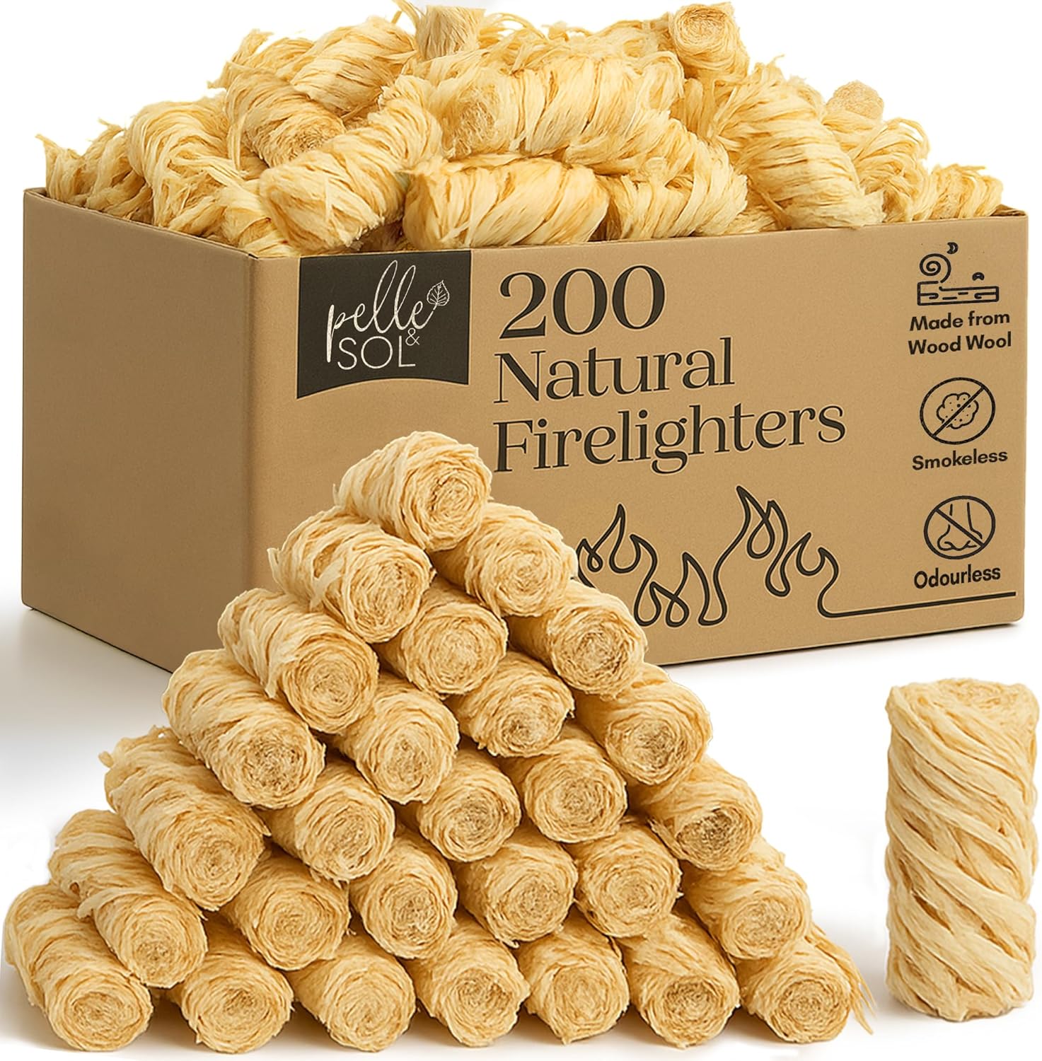 Pelle & Sol 200 Natural Firelighters – Long Burning Fire Lighters for Wood Burners, BBQ Lighter, Pizza Ovens, Open Fires – Quick Light Fire Starter, Log Burner Accessories - Eco Firelighters