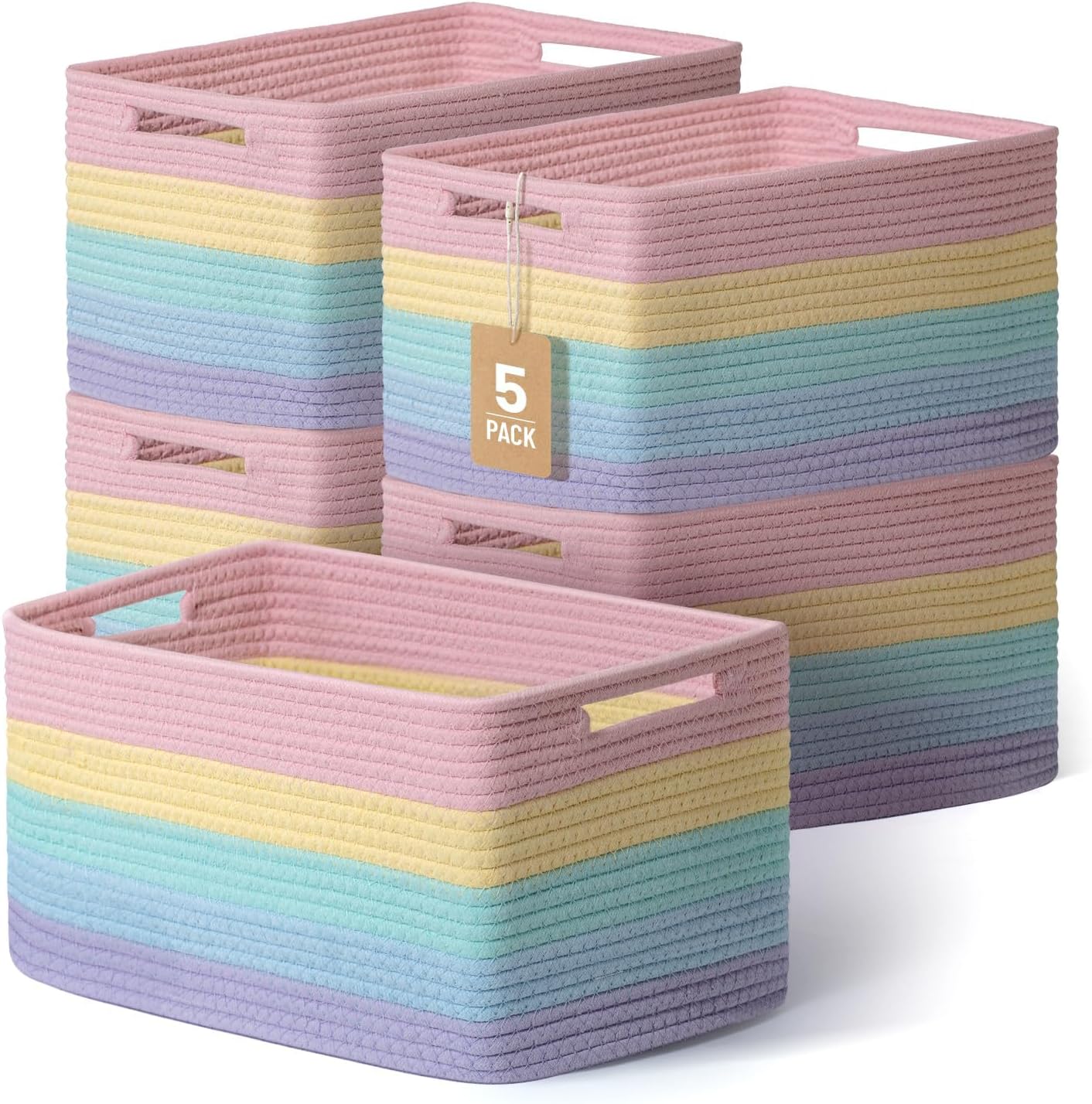 5 Pack Rainbow Woven Storage Baskets for Shelves, Decorative Toy Baskets Organizer for Kids Room, Nursery, Playroom, Classroom – Colorful Cotton Rope Toy Storage Bins for Organizing & Decor (Rainbow)