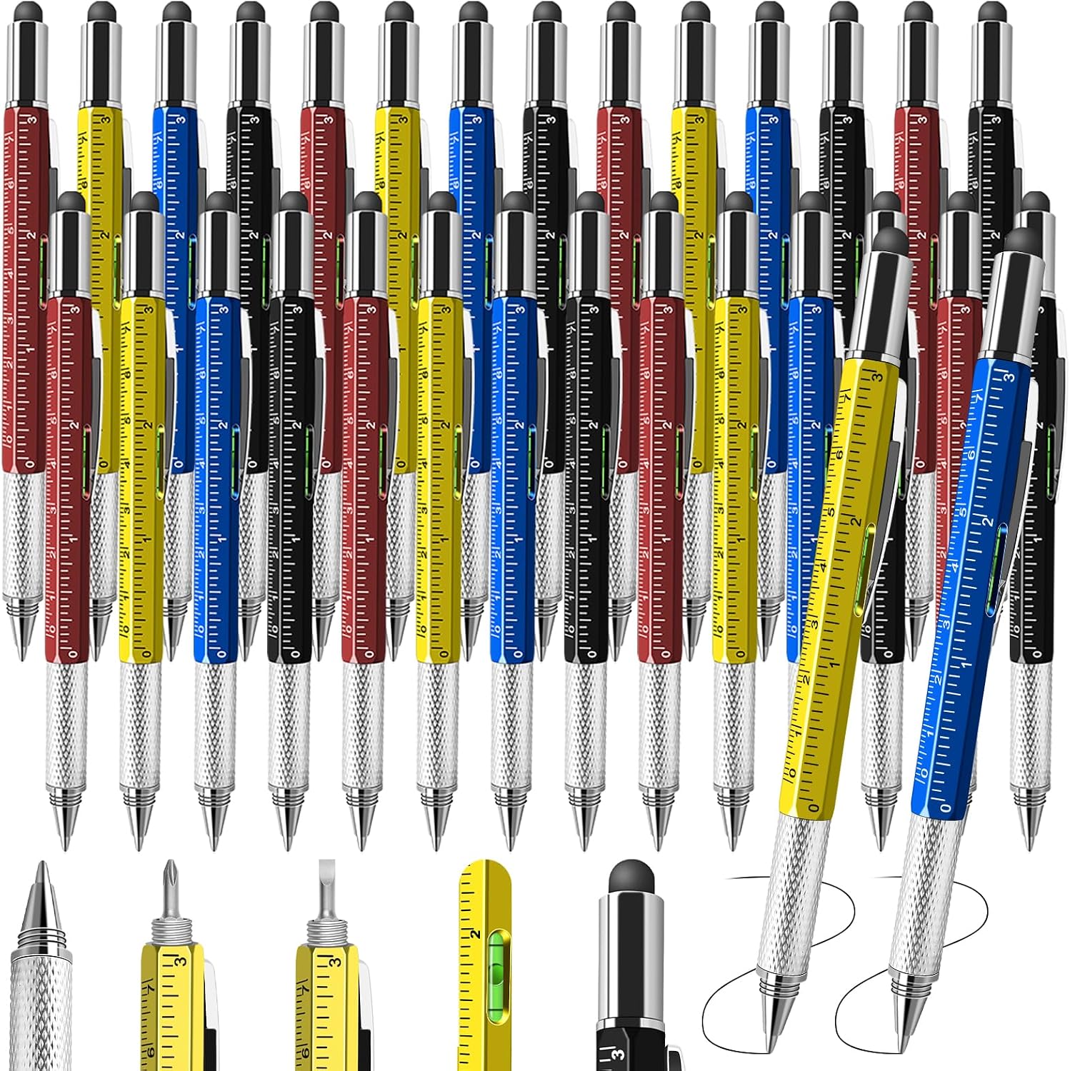 SIKEMAY 32 Pcs Multi Tool Pens for Father's Day 6 in 1 Bulk with Ruler, Level Gauge, Ballpoint Christmas Stocking Stuffer Party Favors for Adults Men Dad Husband Birthday Gifts