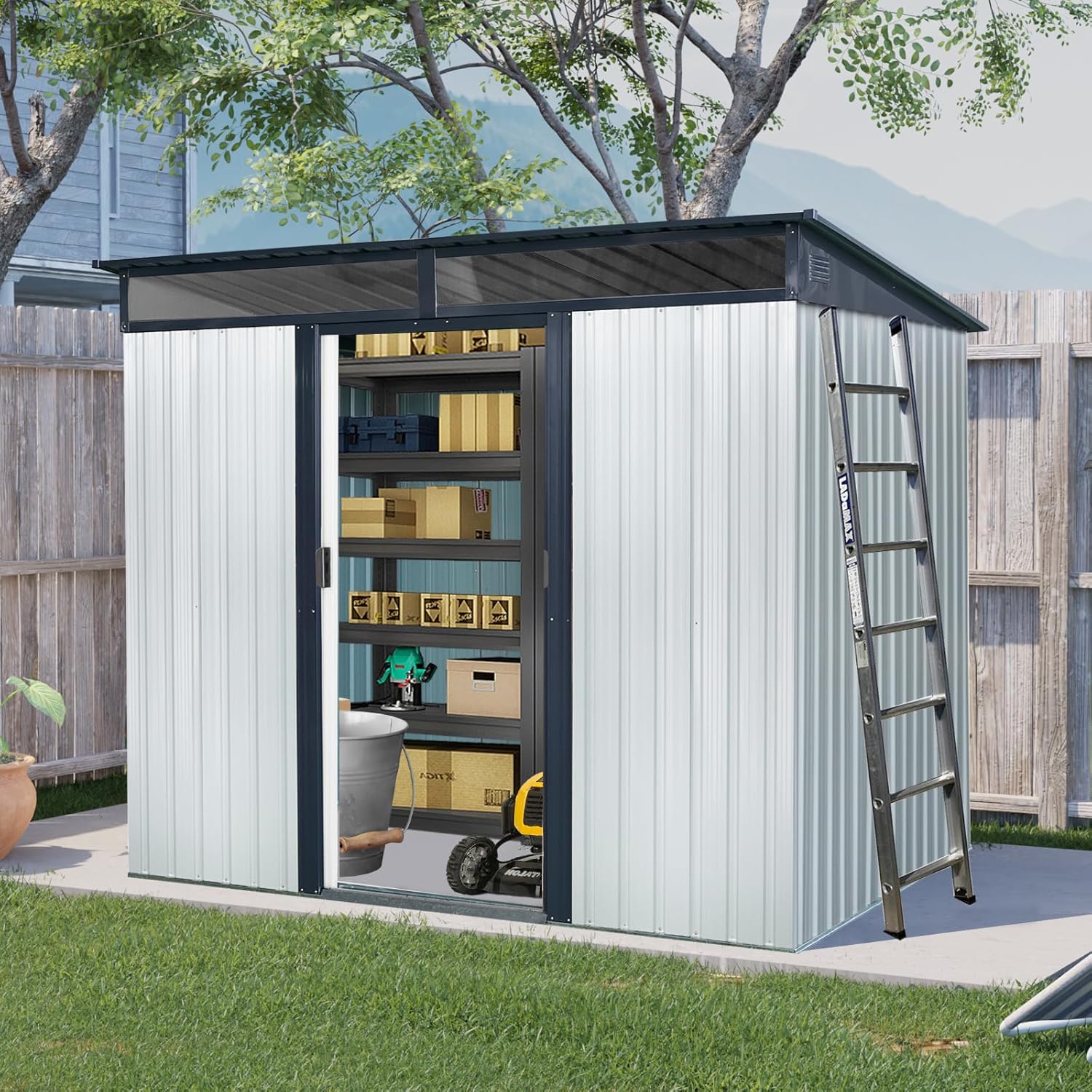 2.38 × 1.62 × 1.96 m Outdoor Metal Storage Shed with Lockable Sliding Doors, Metal Foundation and Transparent Plate for Garden, Lawn (White, Without Window)