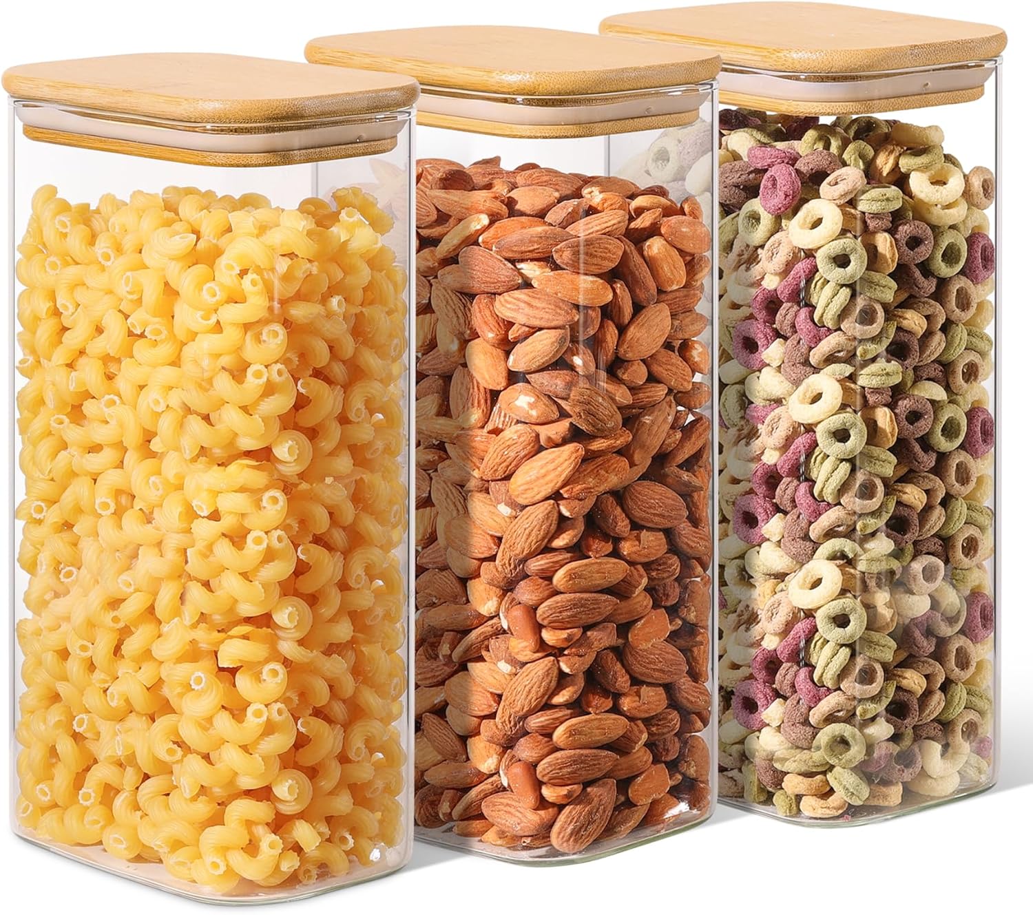ComSaf Rectangle Glass Storage Containers with Lids, 1.7L Glass Jars with Bamboo Lids, Clear Food Storage Jar, Sugar Coffee Containers, Pantry Storage Container for Pasta Flour Cereals Nuts