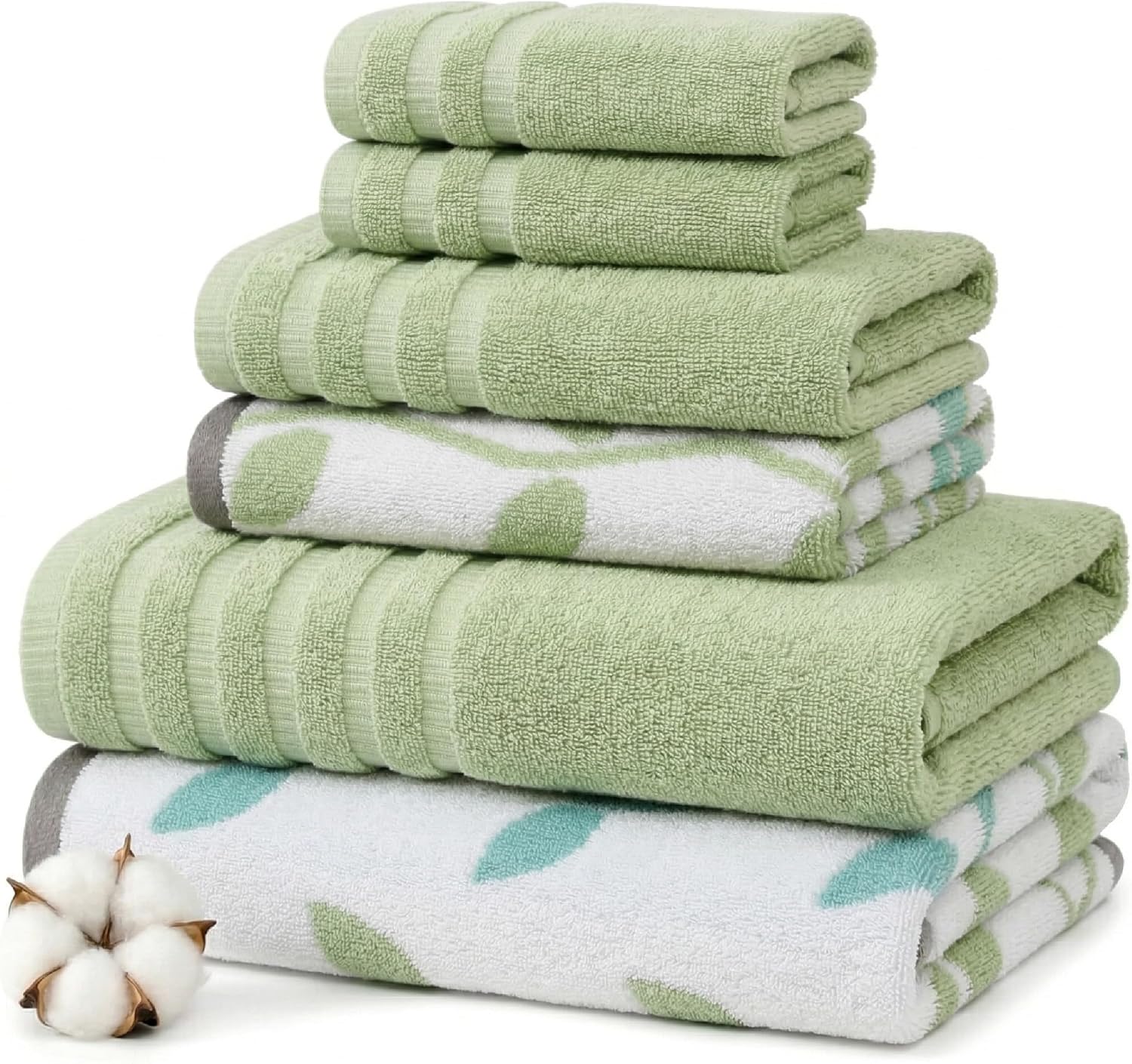 Modern Threads Organic Vines 6-Piece 100% Cotton Towel Set – Yarn Dyed Jacquard & Solid – Includes 2 Bath Towels, 2 Hand Towels, 2 Washcloths – Absorbent, Quick Dry, Soft & Durable – Sage Green