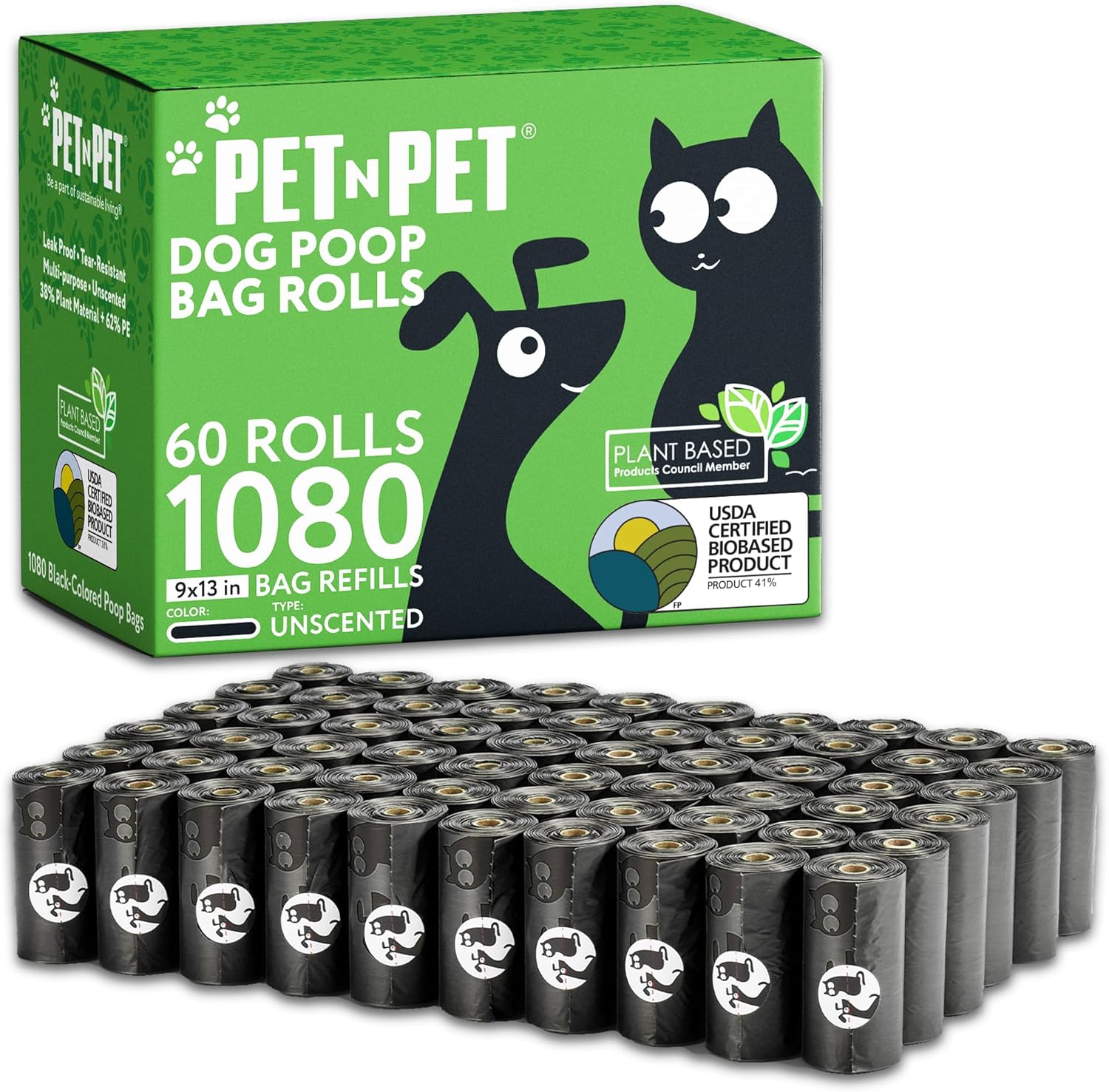 PET N PET 1080 Count Dog Poop Bags USDA 41% Plant Based 60 Rolls of Strong & Thick Dog Waste Poo Bags 9x13 Black Unscented Poop Holder