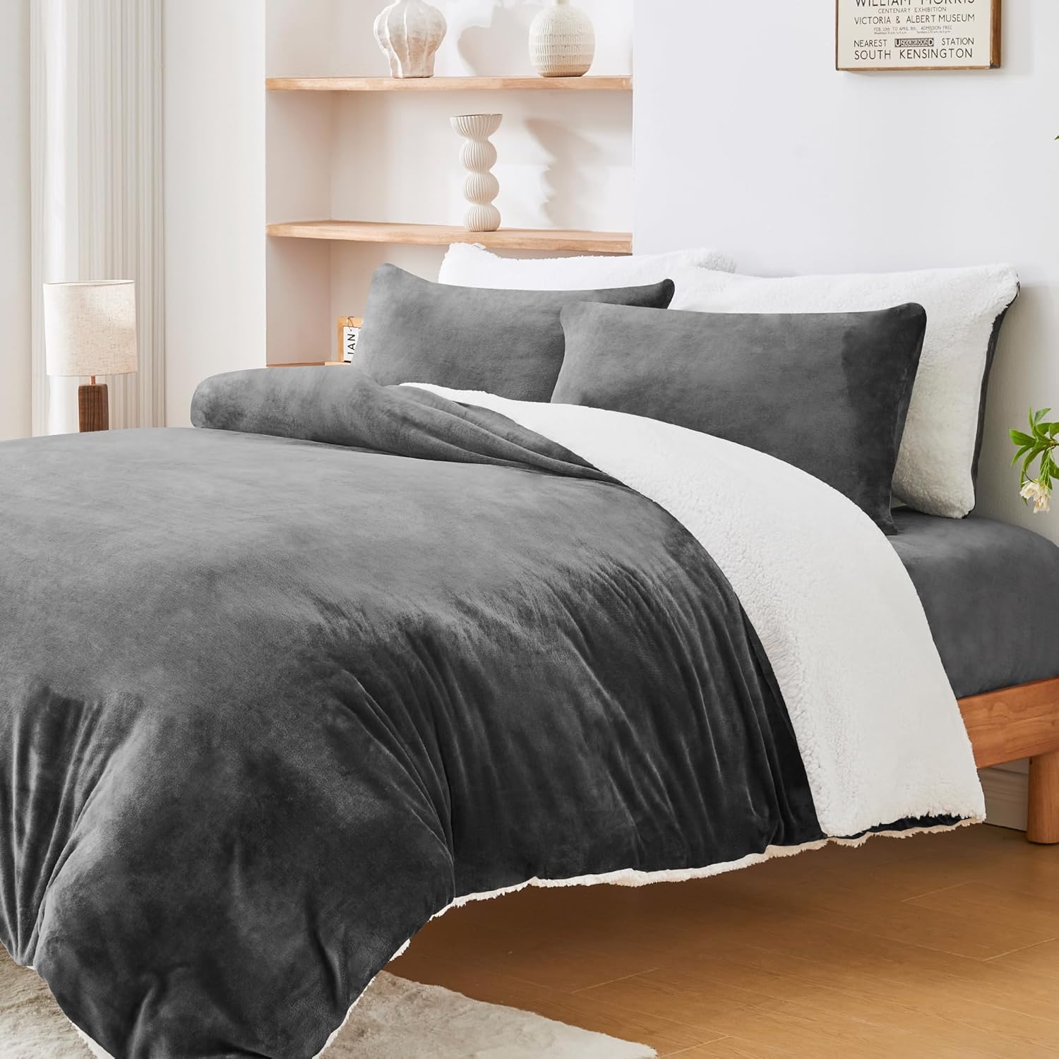 LINENOVA Dual-Sided Teddy Fleece Flannel & Sherpa Quilt Cover Set, Ultra Soft & Warm Reversible King Size Duvet Cover, Doubles as a Standalone Blanket with Zipper Closure (3 Pieces, Charcoal)