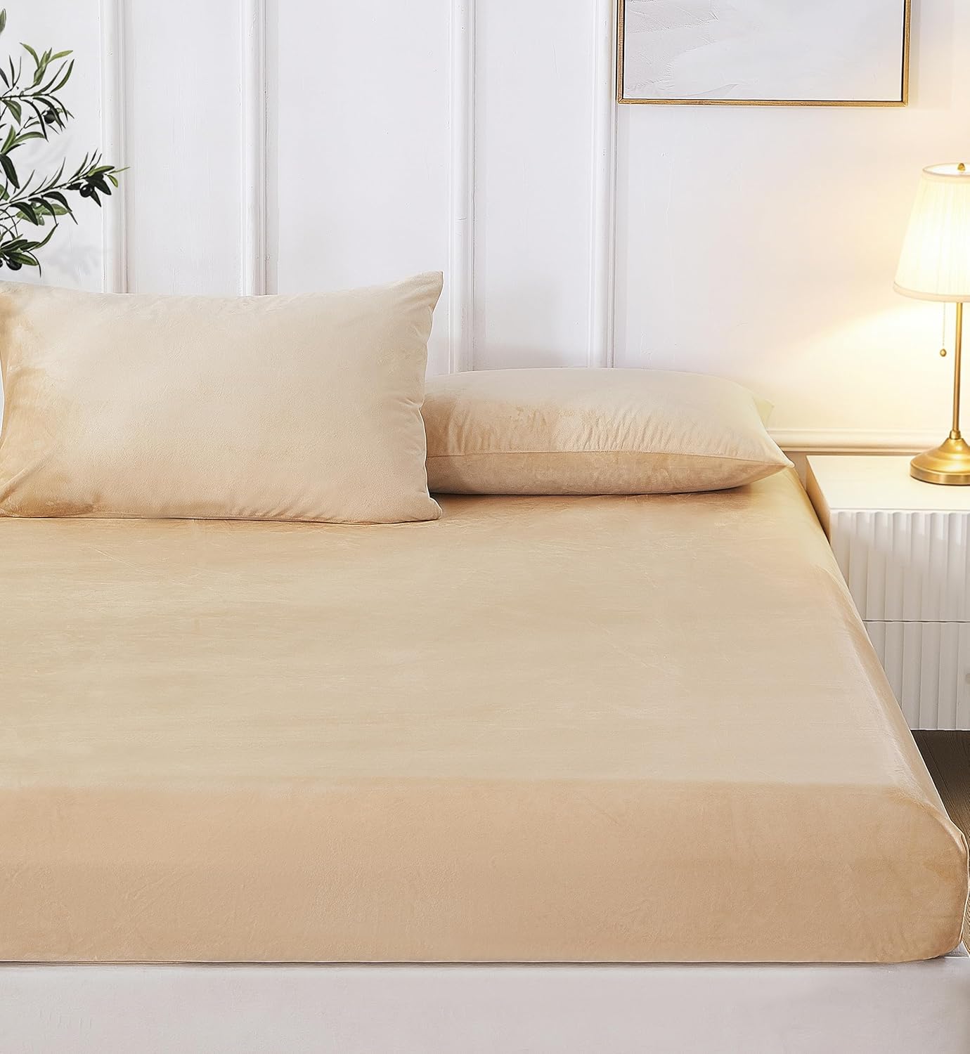 MuMullum Flannel Fitted Sheet Double Size, Soft&Cozy Flannelette Sheets Set, Warm Teddy Fleece Bedding Set for Winter, Deep Pocket up to 40cm, Includes 1 Fitted Sheets & 2 Pillowcases (Khaki)