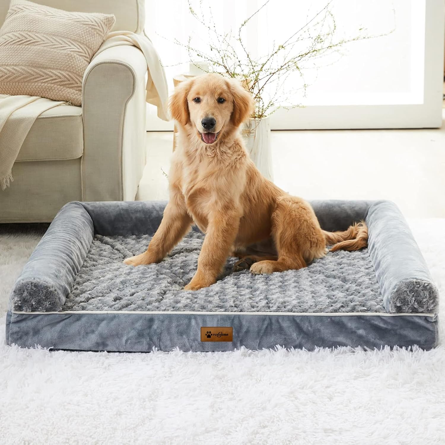 TUXOIUBA Orthopedic Dog Beds for Large & Medium Dogs, Non-Slip Bottom and Egg-Crate Foam Big Dog Couch Bed with Washable Removable Cover, Pet Sofa with Bolster-XXL